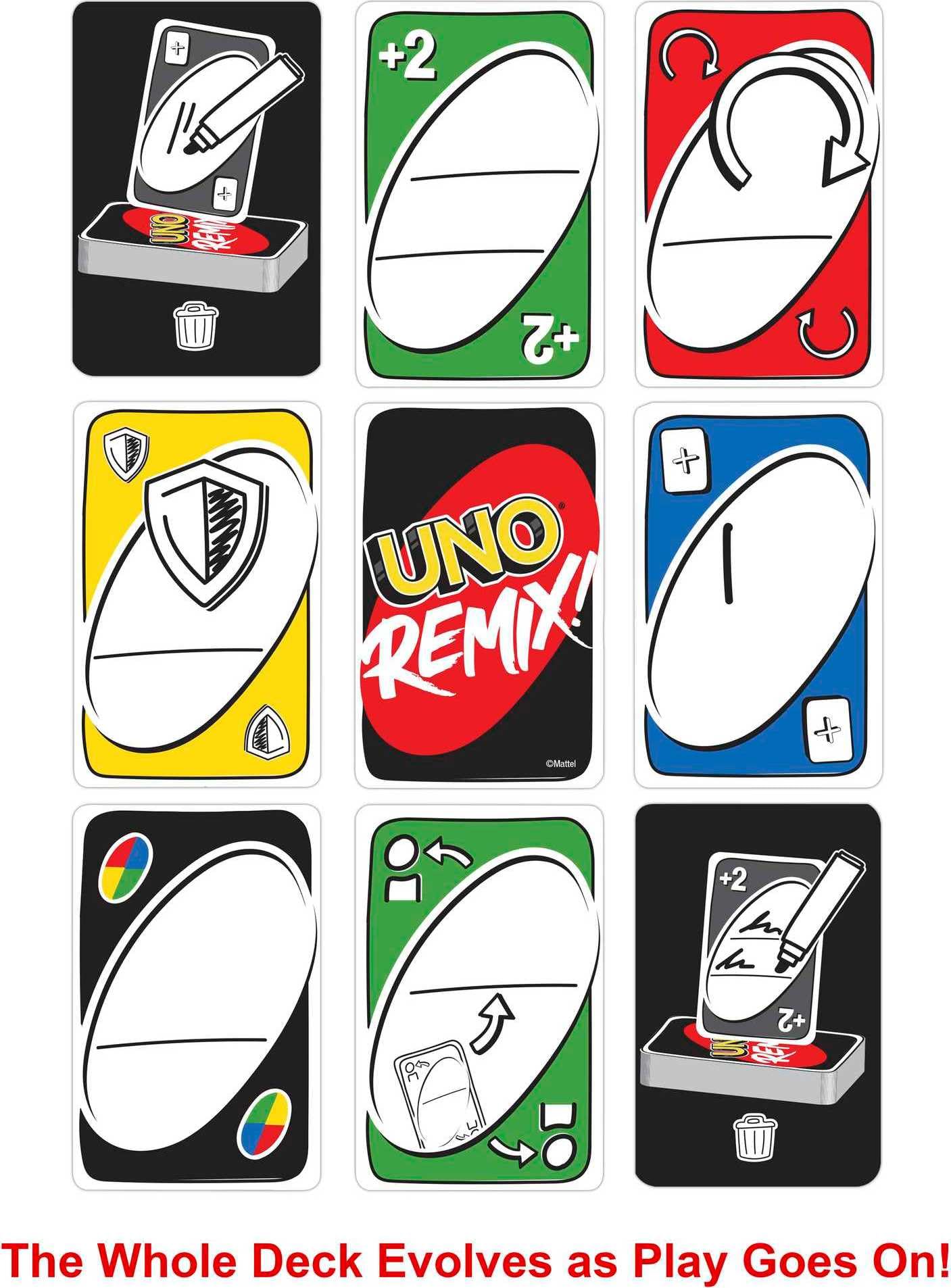 Mattel Games UNO Remix Card Game for Family Night with Customizable Options & Write-On Cards in Storage Tin for 3-6 Players