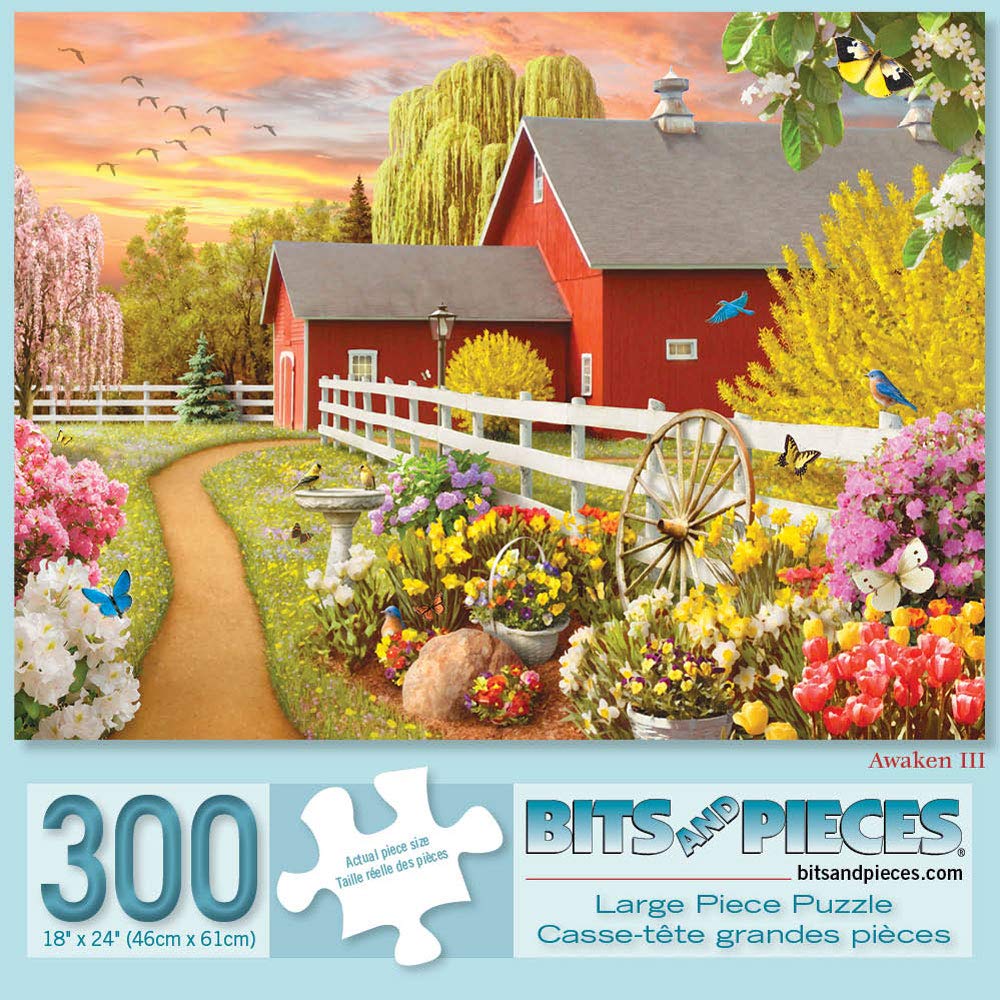 Bits and Pieces 300 Piece Puzzles for Adults - Awaken III - 300 Large Pieces 18" x 24" Jigsaw Puzzles, Sunrise Farm House, No 2 Pieces Alike