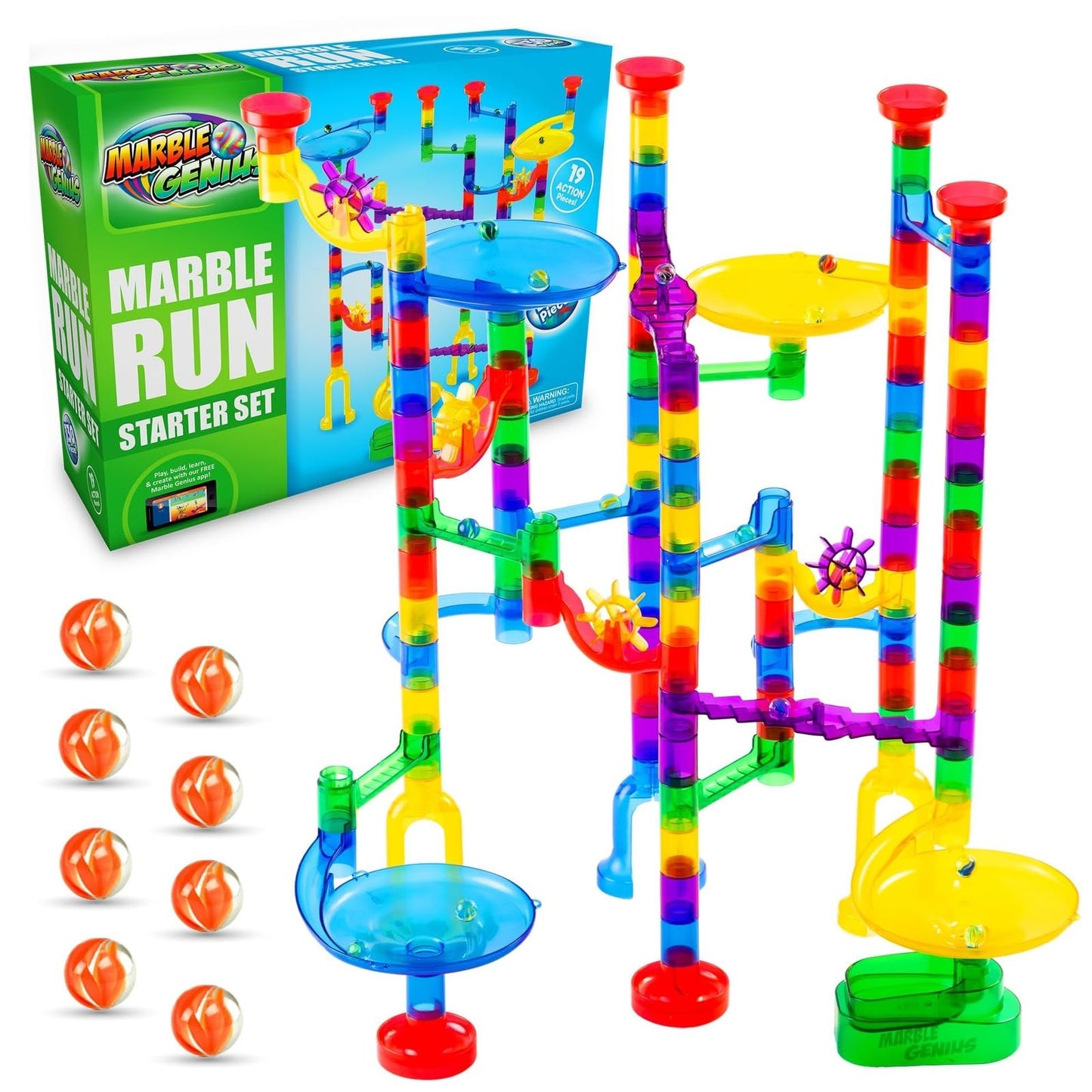 Marble Genius Marble Run Starter Set, STEM Toys & Maze Construction Building - 130 Translucent Track Pieces & Glass Marbles for Family, Kids Toddlers