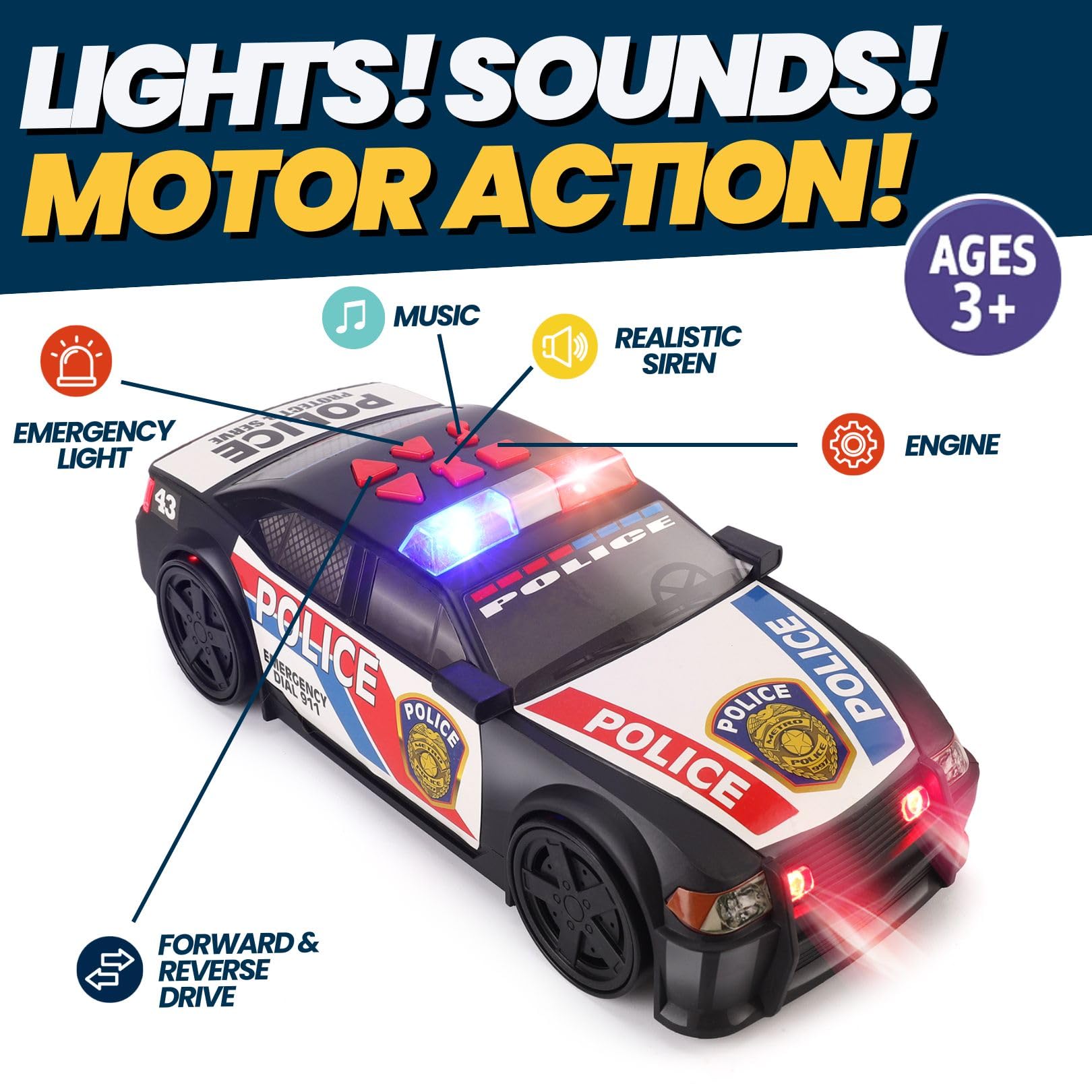 Liberty Imports Motorized Police Cruiser Kids Toy Cop Car Electric Model Rush & Rescue Vehicle 1/16 Scale with Button Activated Forward Reverse