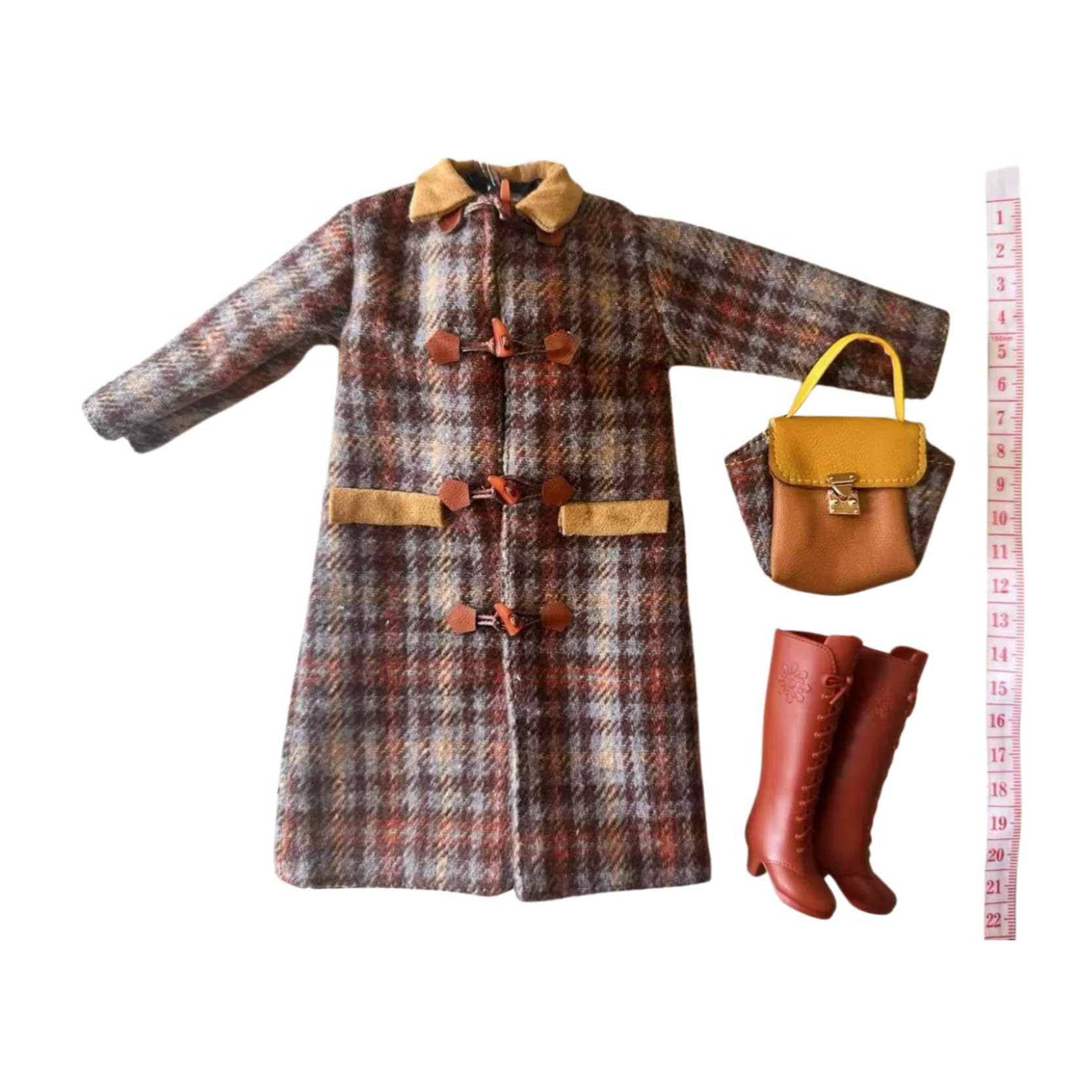AQQeenmiu Luxury Doll Clothes Set, Plaid Winter Coat with Handbag and Boots, for 11.5-12 inch Fashion Dolls, Brown Tartan Pattern
