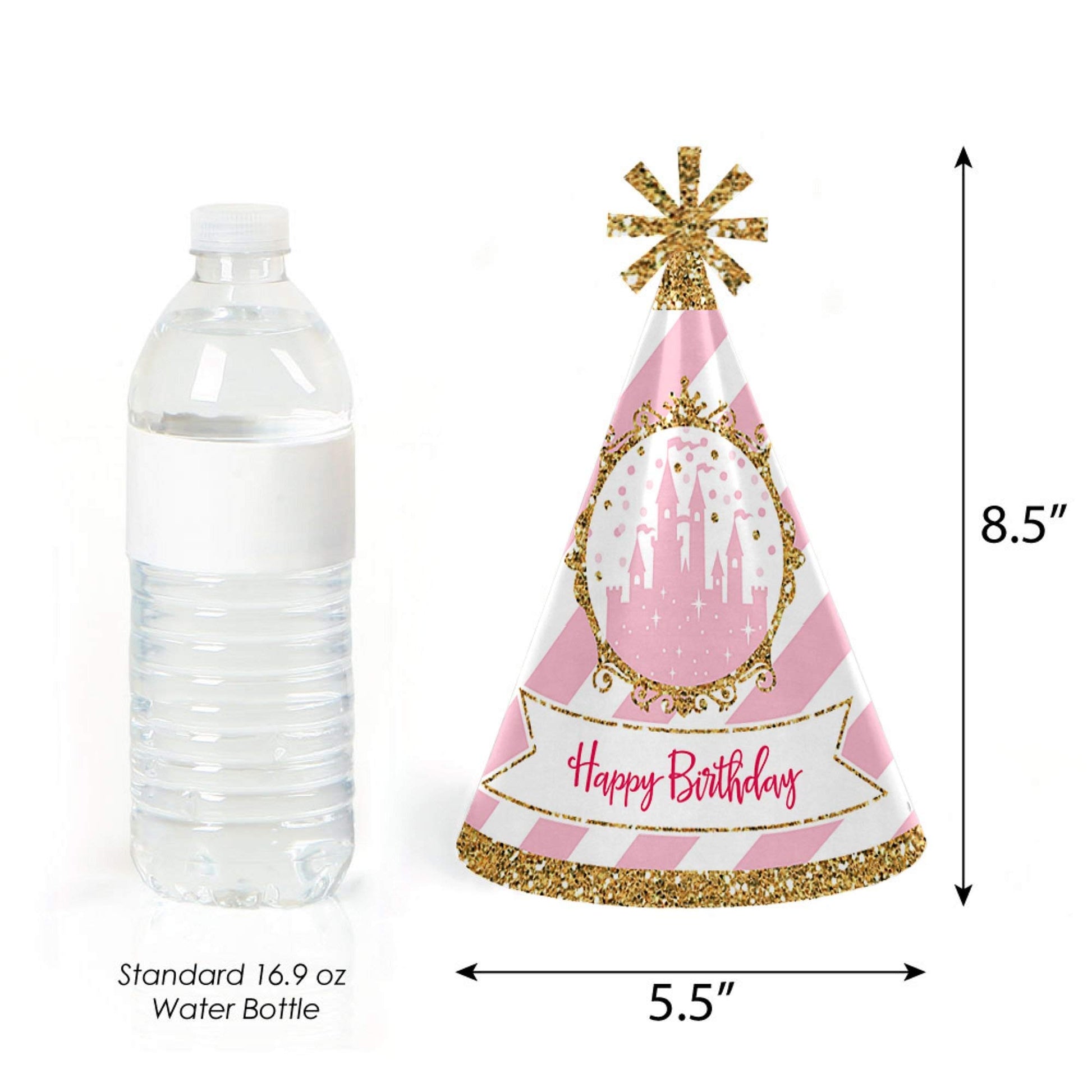 Big Dot of Happiness Little Princess Crown - Cone Pink And Gold Princess Happy Birthday Party Hats For Kids And Adults - Set Of 8 (Standard Size)