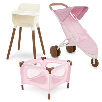 LullaBaby - 14-Inch Realistic Baby Doll Accessory Bundle - Nursery Care Set - High Chair, Playpen & Jogger Stroller - Pretend Play Toys - Kids 2+