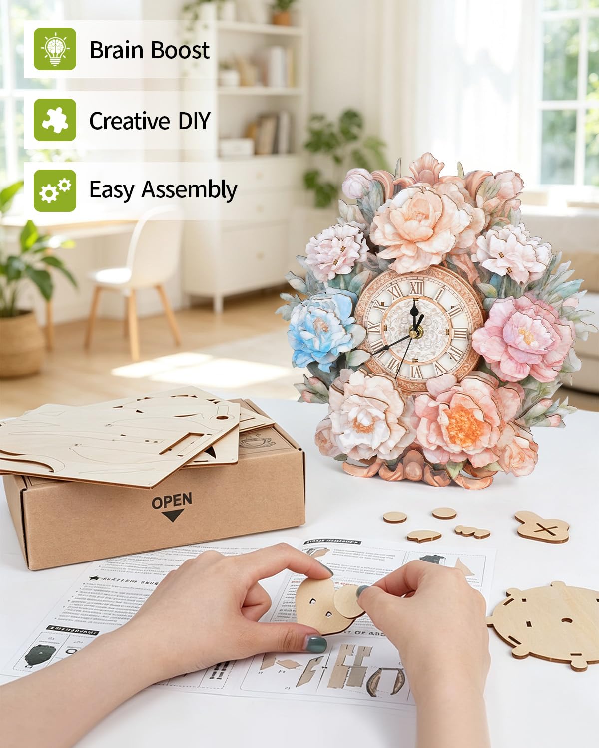 Rnfinewow 3D Wooden Puzzles for Adults, Flower Clock with Pendulum Model Kit, 3D Puzzles for Adults Room Home Decor DIY Wall Clock Kit, Holiday