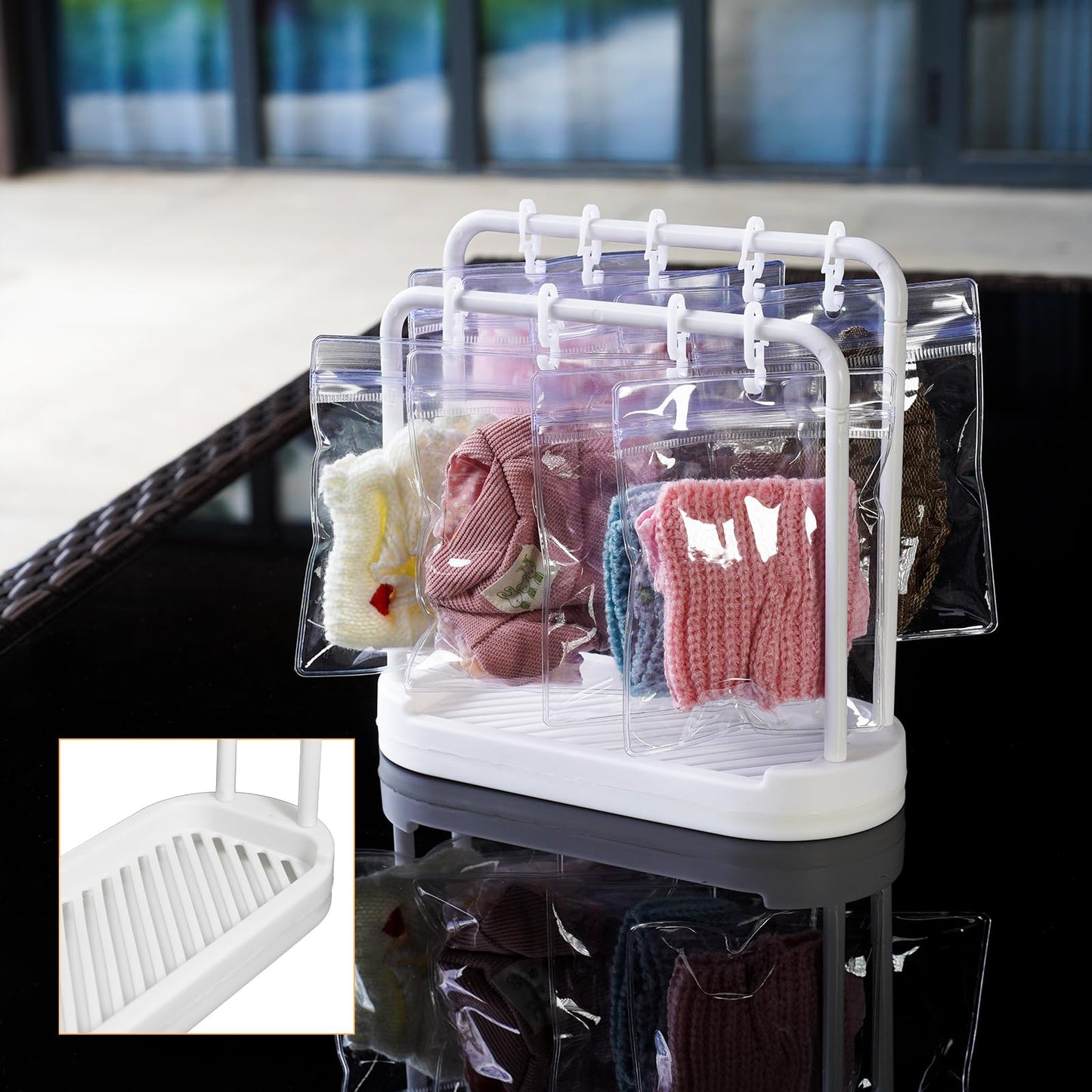 Treayes Doll Clothes Organizer with 20 PVC Clear Bags - Detachable Hanging Rack with Tiered Design & 20 Hooks, Wardrobe Storage for 7 Inch Fashion