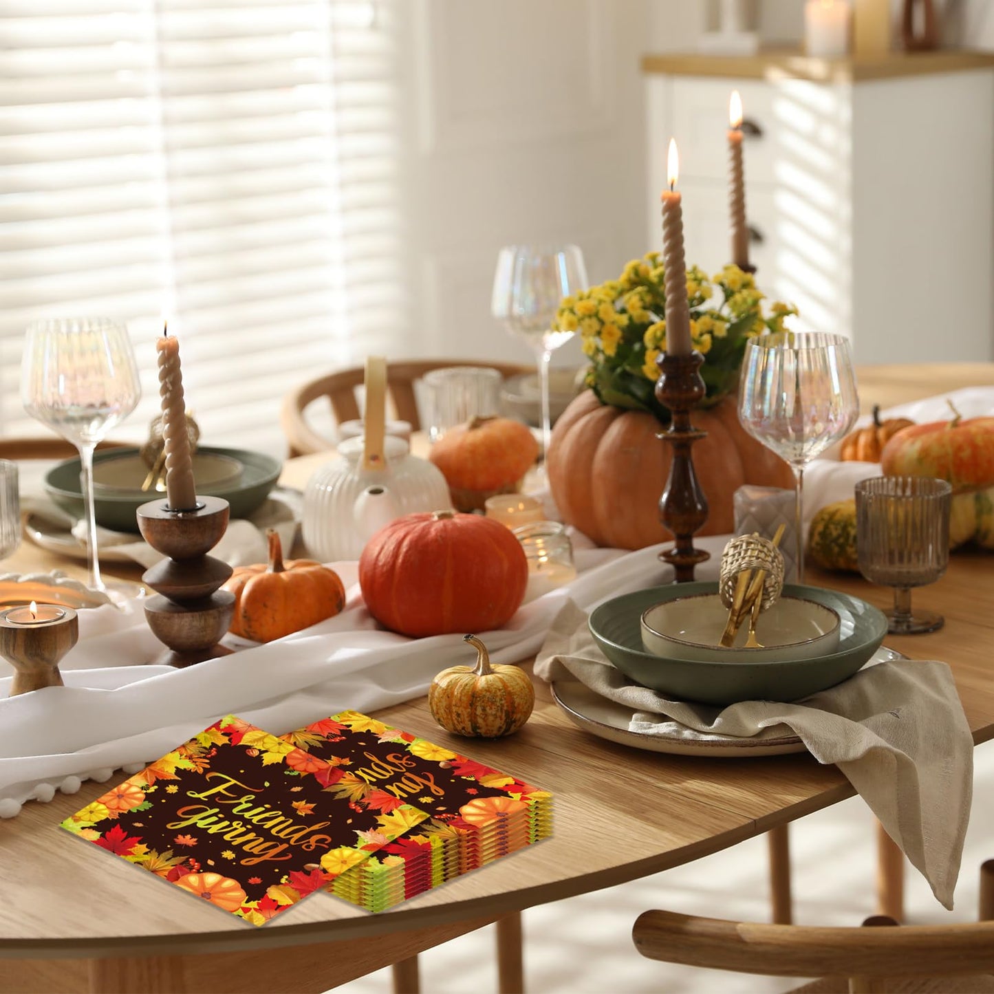 100Pcs Thanksgiving Napkins Fall Disposable Paper Napkins,Fall FriendsGiving Theme with Autumn Leaves & Pumpkins Print, Party Tableware