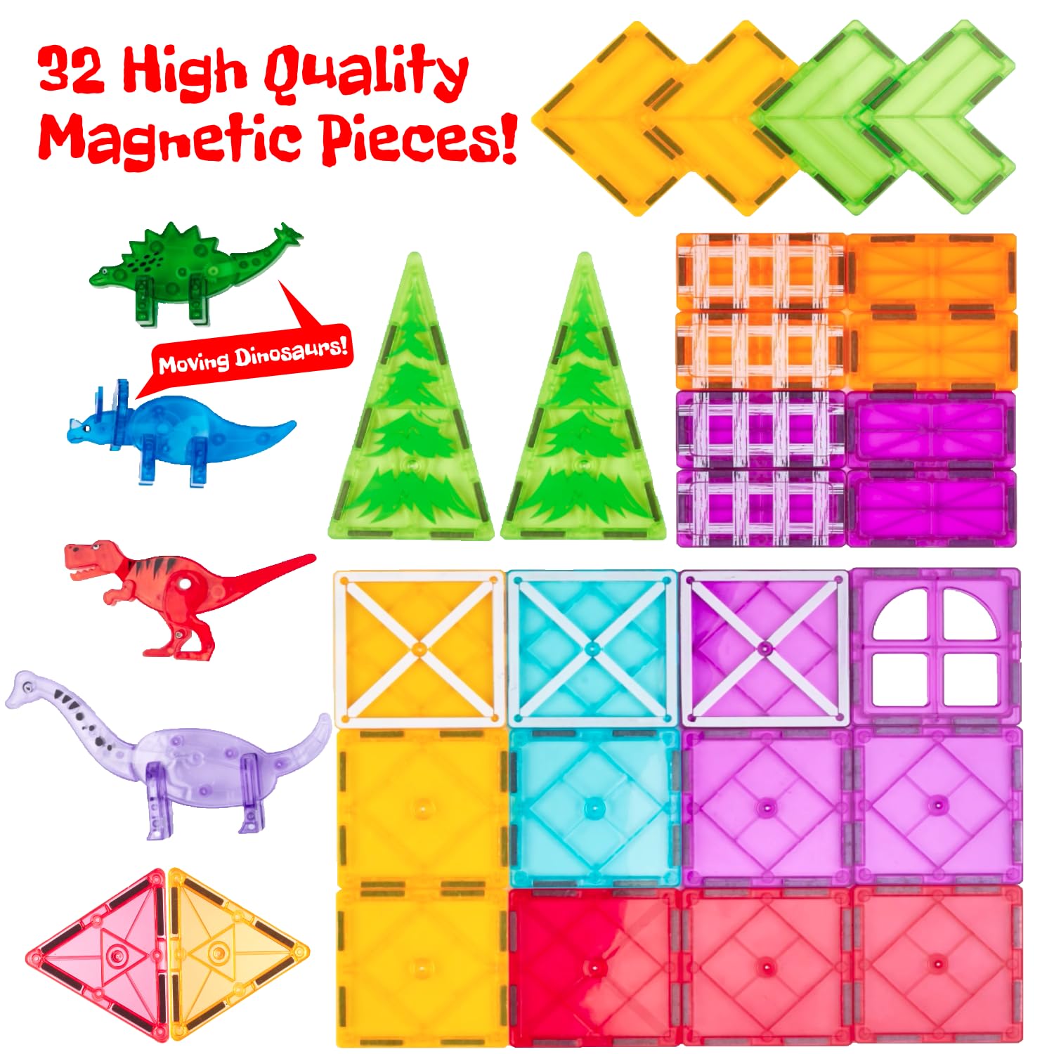 Dinoland Magnetic Tiles 32 Piece Set, Dinosaur Toys for Kids 3-5, STEM Building Blocks with Trees and Figures, Educational Construction Set for Boys