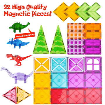 Dinoland Magnetic Tiles 32 Piece Set, Dinosaur Toys for Kids 3-5, STEM Building Blocks with Trees and Figures, Educational Construction Set for Boys