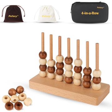 Pefacy 4-in-a-Row Game, Wooden Strategy Board Game, Portable Travel Games 2-Player for Kids Ages 3+, Classic Family Tabletop Games with Storage Bag