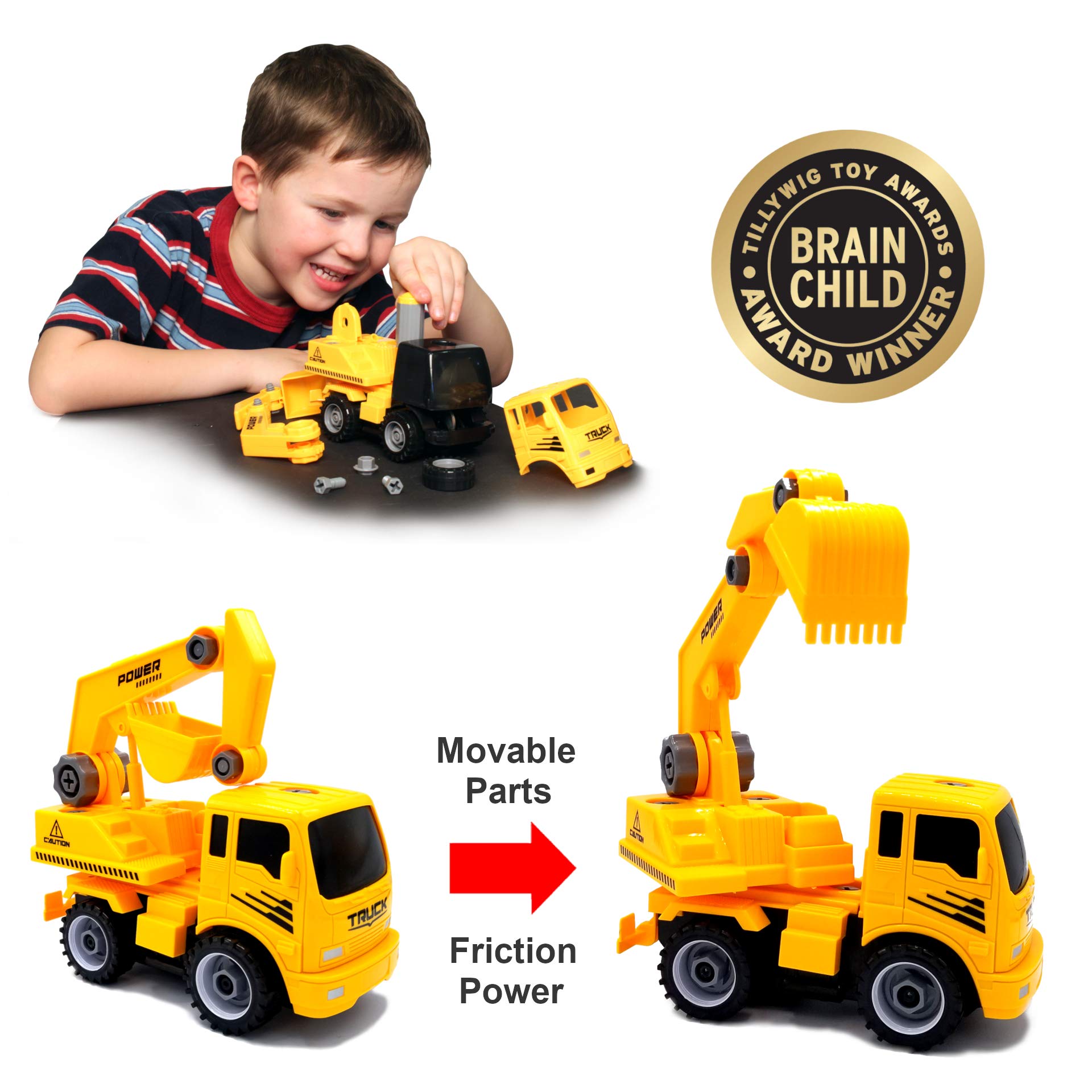 MUKIKIM Construct A Truck - Excavator. Take it Apart & Put it Back Together + Friction Powered(2-Toys-in-1!) Awesome Award Winning Toy That Encourages