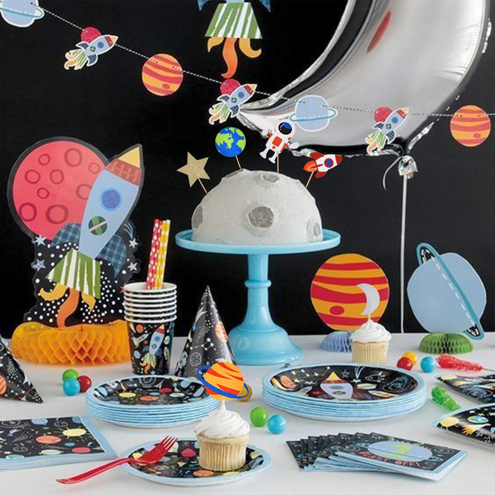 BCHOCKS 30pcs Outer Space Cupcake Toppers, Planet Party Supplies - Birthday Decorations, Rocket, Astronaut, Spaceship Themed Kids Children Party