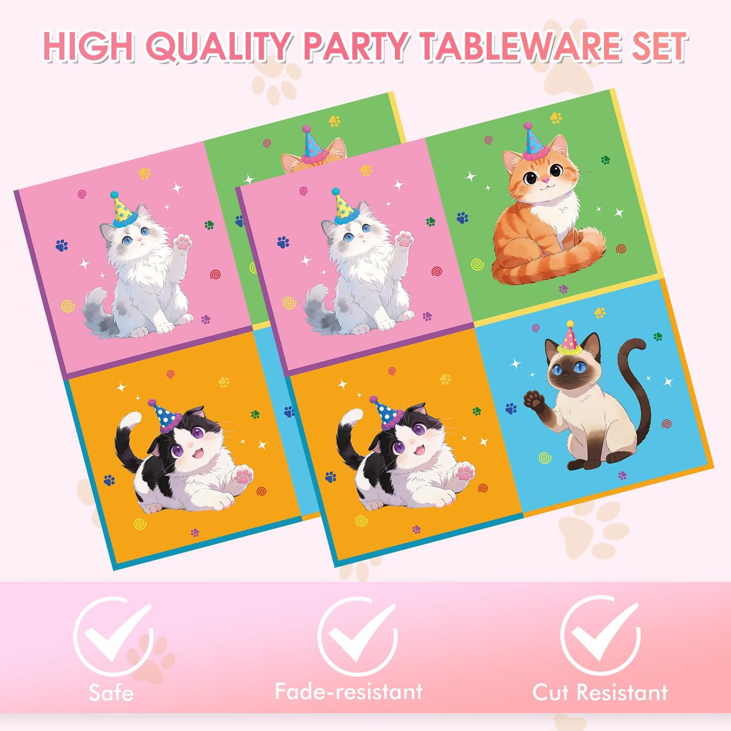 Funnio lucu 40Pcs Cat Birthday Decorations Tableware Set,Cute Kitten Theme Party Supplies Birthday Plates and Napkins Disposable Table Decor for Baby
