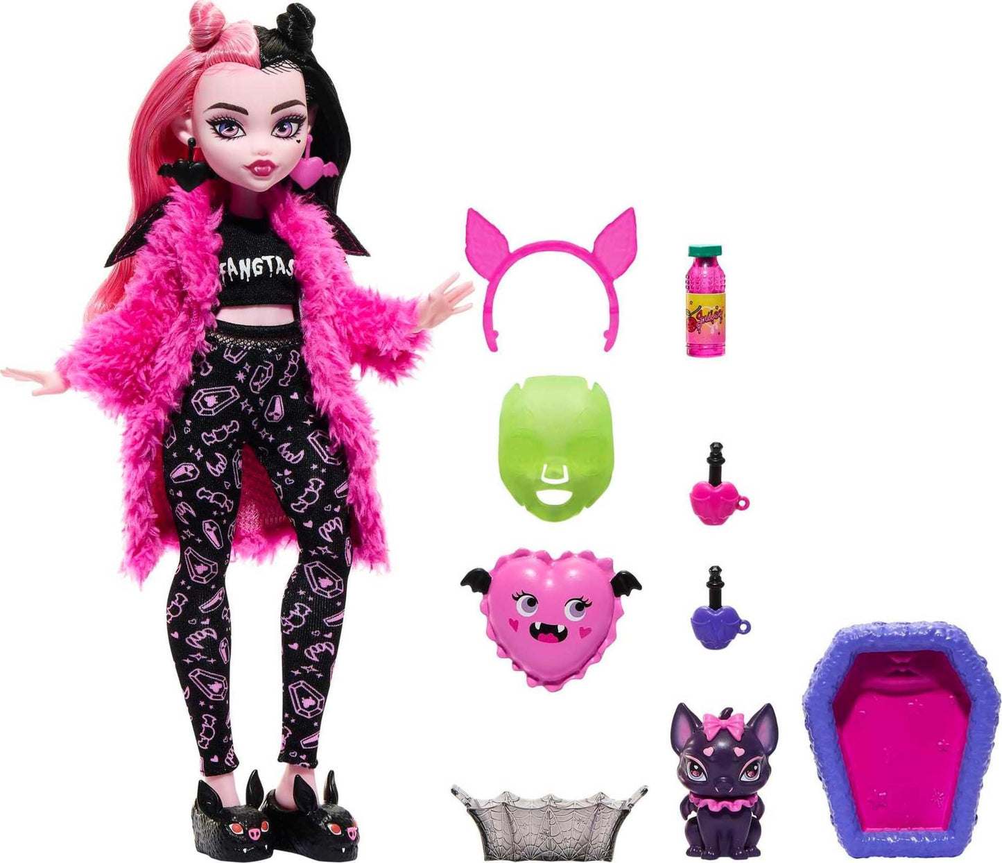 Monster High Doll, Draculaura Creepover Party Set with Pet Bat Count Fabulous, Sleepover Clothes & Accessories