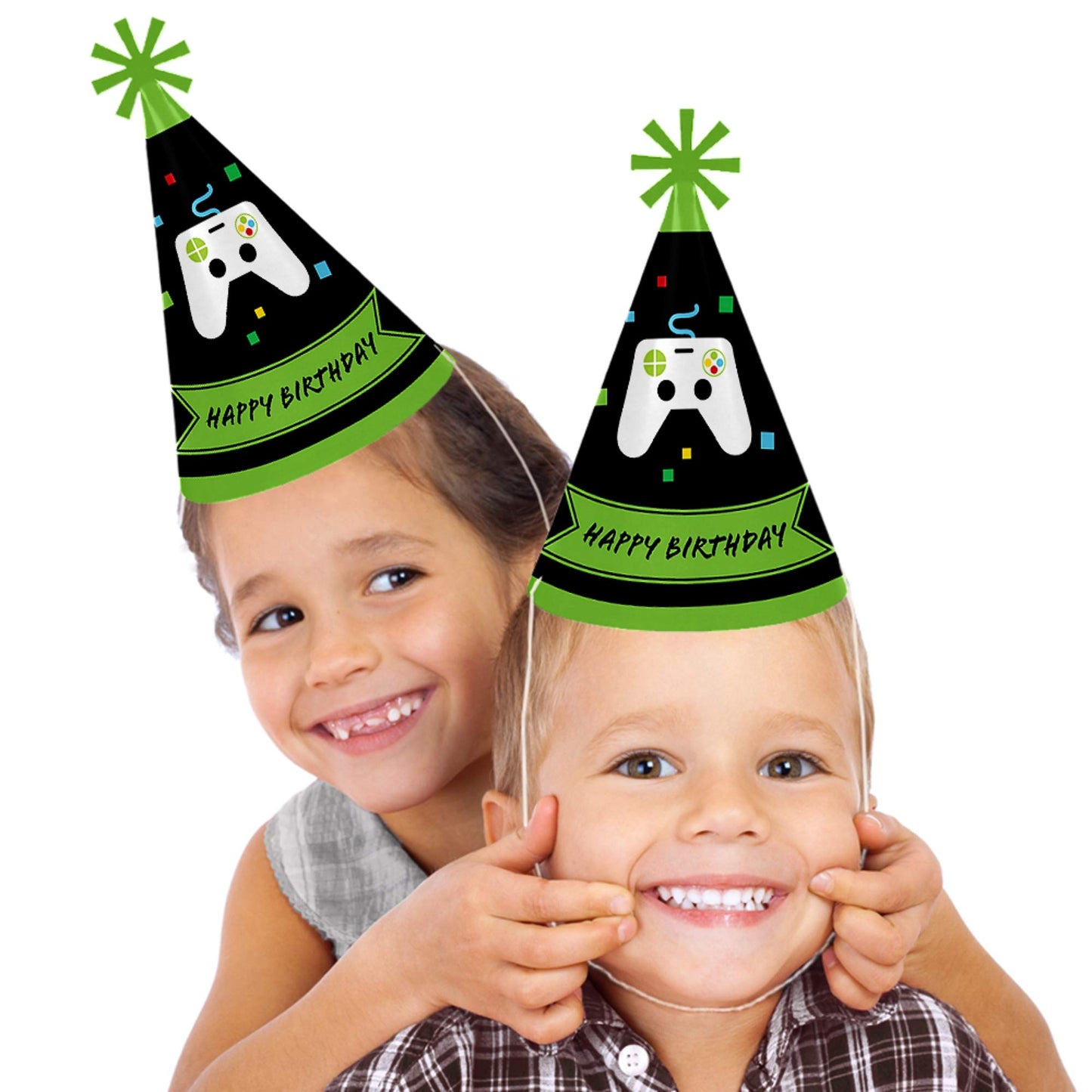 Big Dot of Happiness Video Game - Pixel Game Zone Cone Happy Birthday Party Hats for Kids and Adults - Set of 8 (Standard Size)