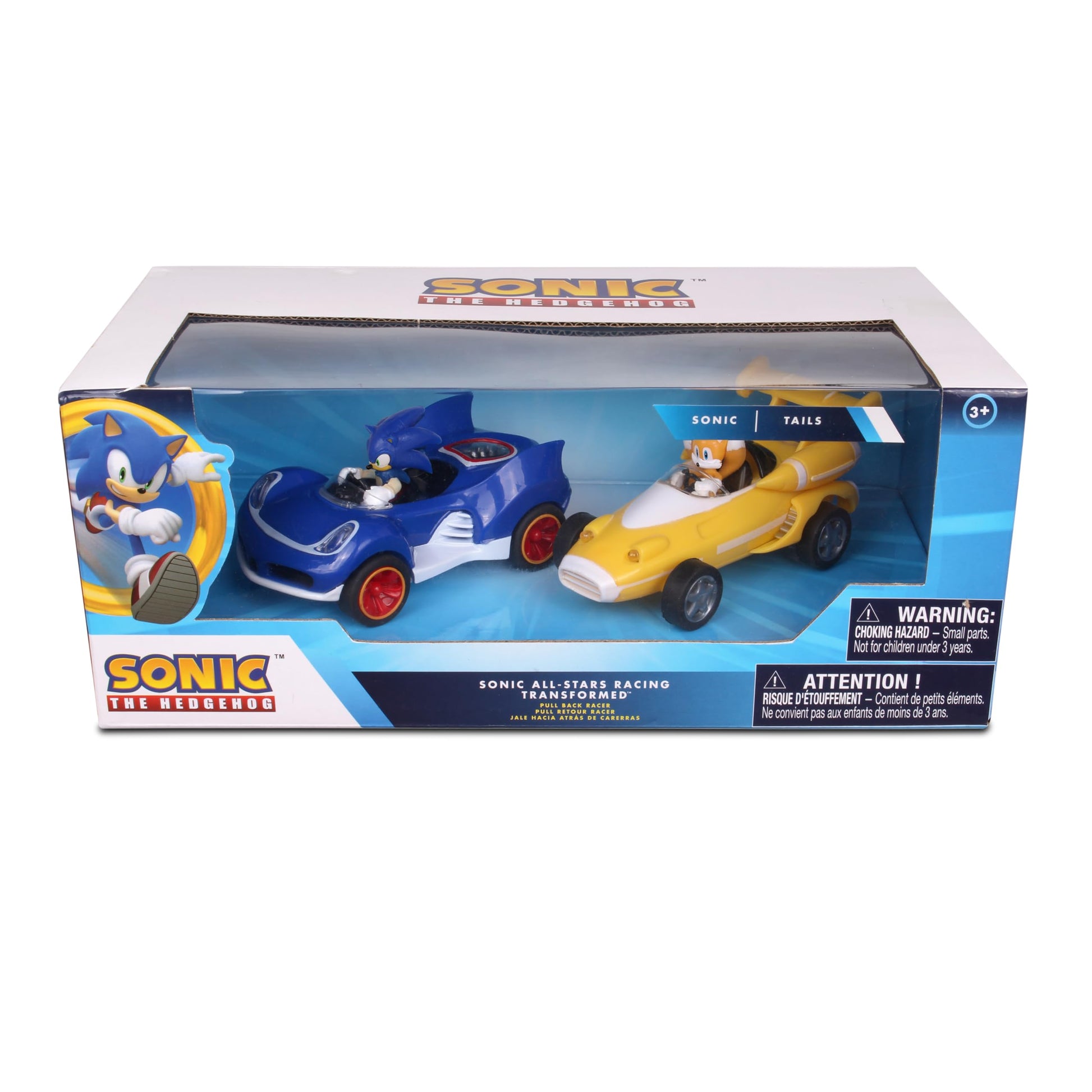 NKOK Sonic Transformed All-Stars Racing 2 Pack Pull Back Action: Tails and Sonic Hedgehog, Two Vehicles, Video Game Legends, No Batteries Required