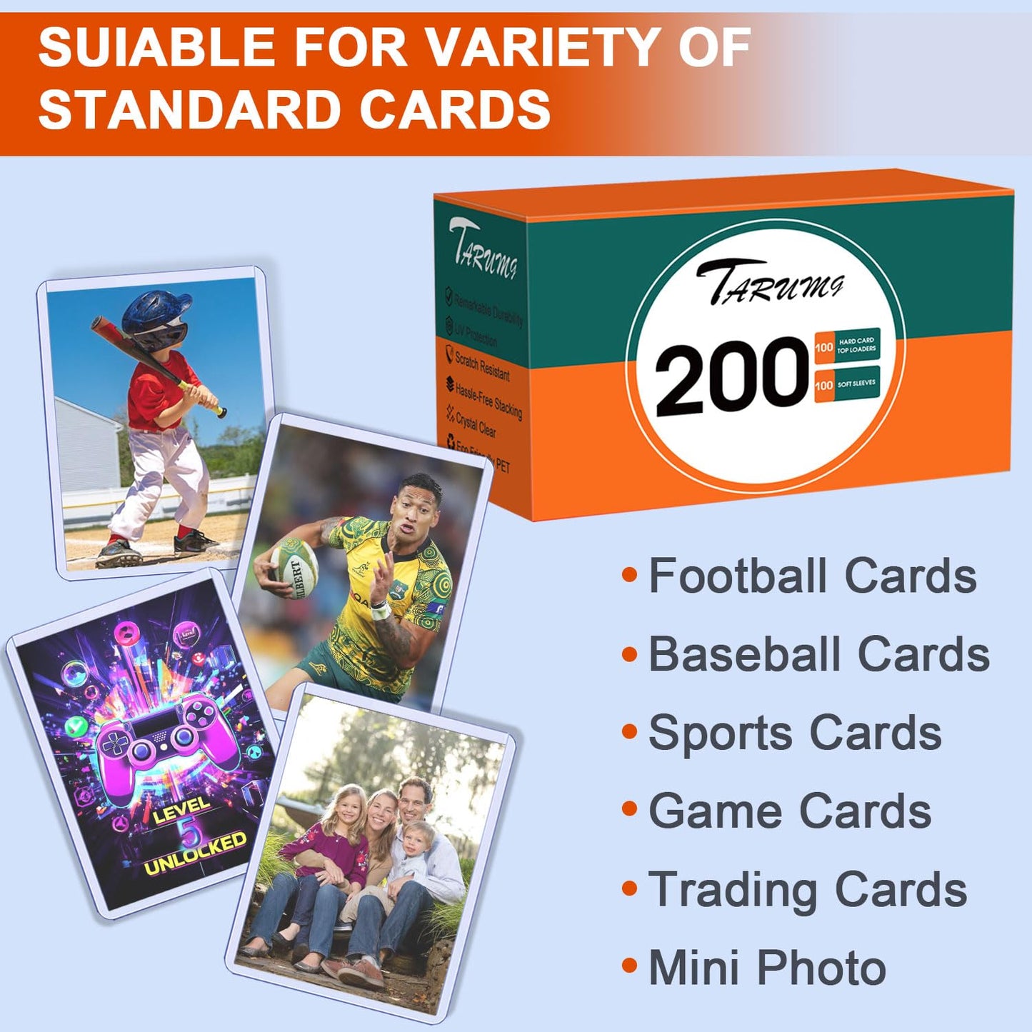 TARUMG 200 Card Sleeves Top Loads for Cards, 3" x 4" Standard Size Premium Baseball Card Protectors, for Trading Sports Baseball Football Game Cards