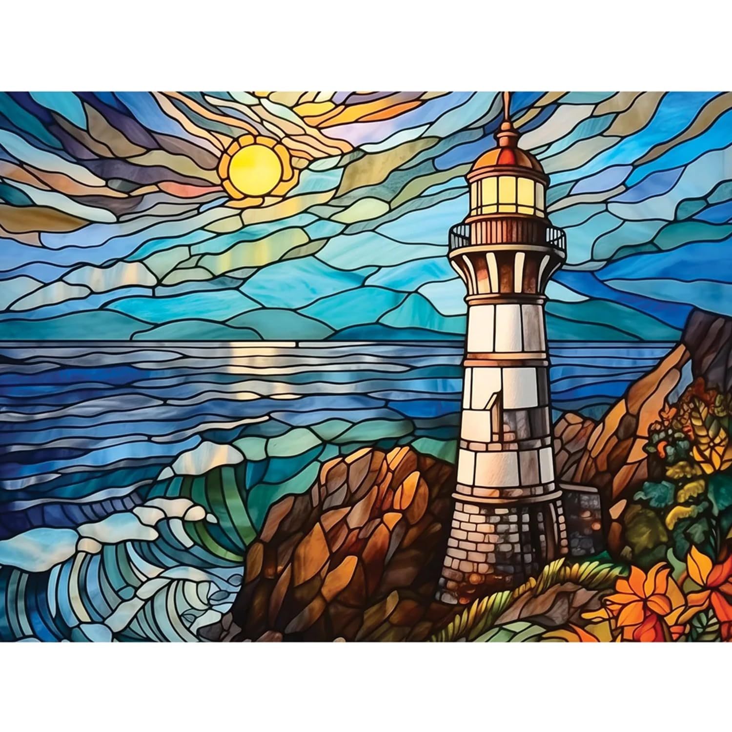 Bits and Pieces 500 Piece Puzzles for Adults Stained Rocky Cliff Lighthouse Large 18" x 24" Jigsaw Puzzles 500 Pieces Stained Glass Lighthouse