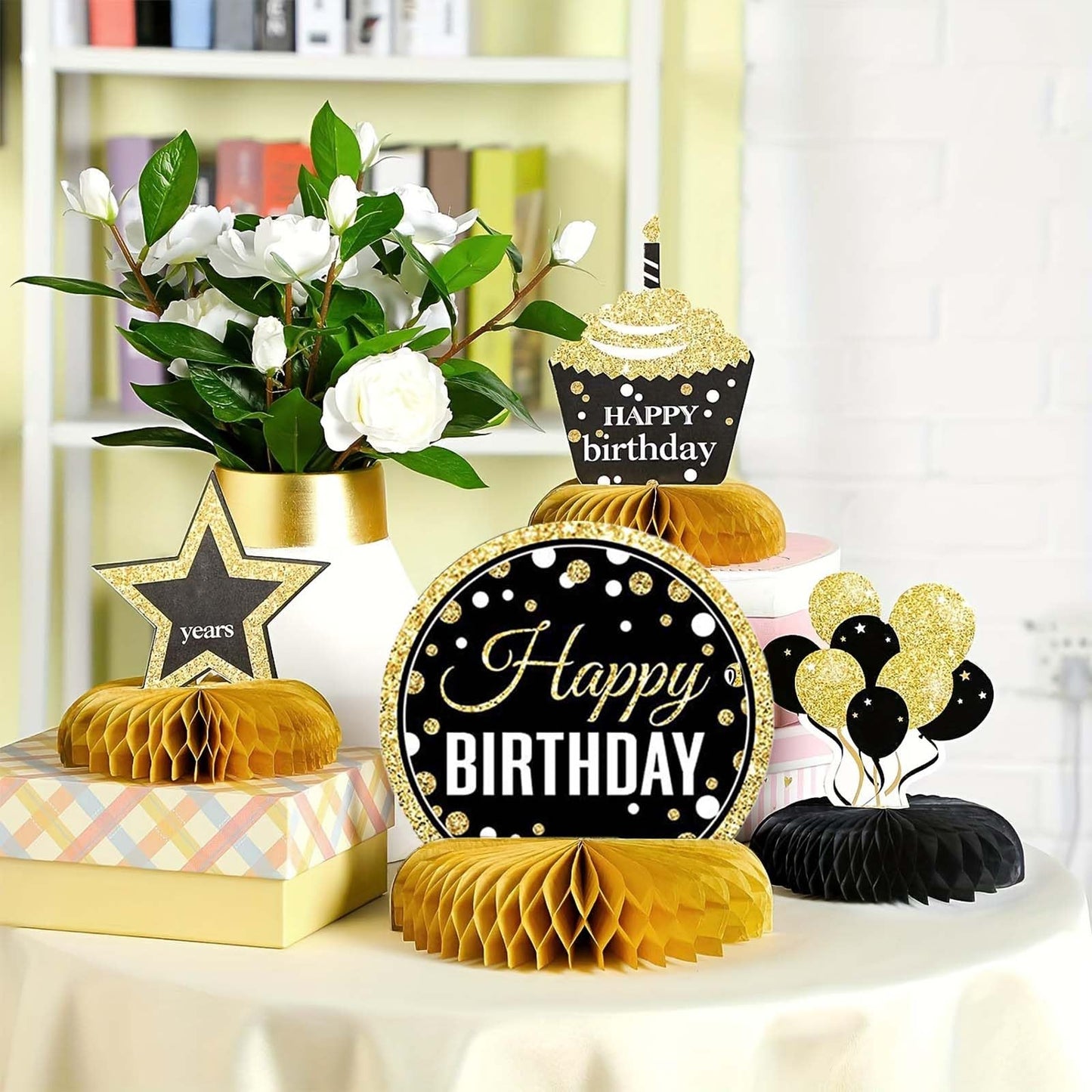 8 Pieces Happy Birthday Supplies Set,Black Gold Birthday Themed Honeycomb Centerpiece,Birthday Party Table Decoration for Adults Kids