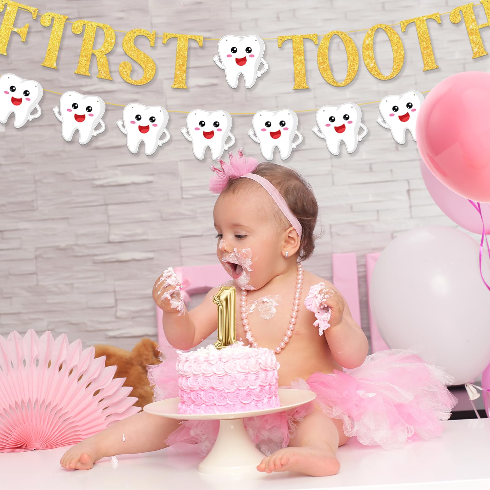Pre-Strung Tooth Theme Banner Decorations, Gold Glitter Letter Garland with Tooth-Shaped Hanging Decor for Dental Clinic, Oral Health Events