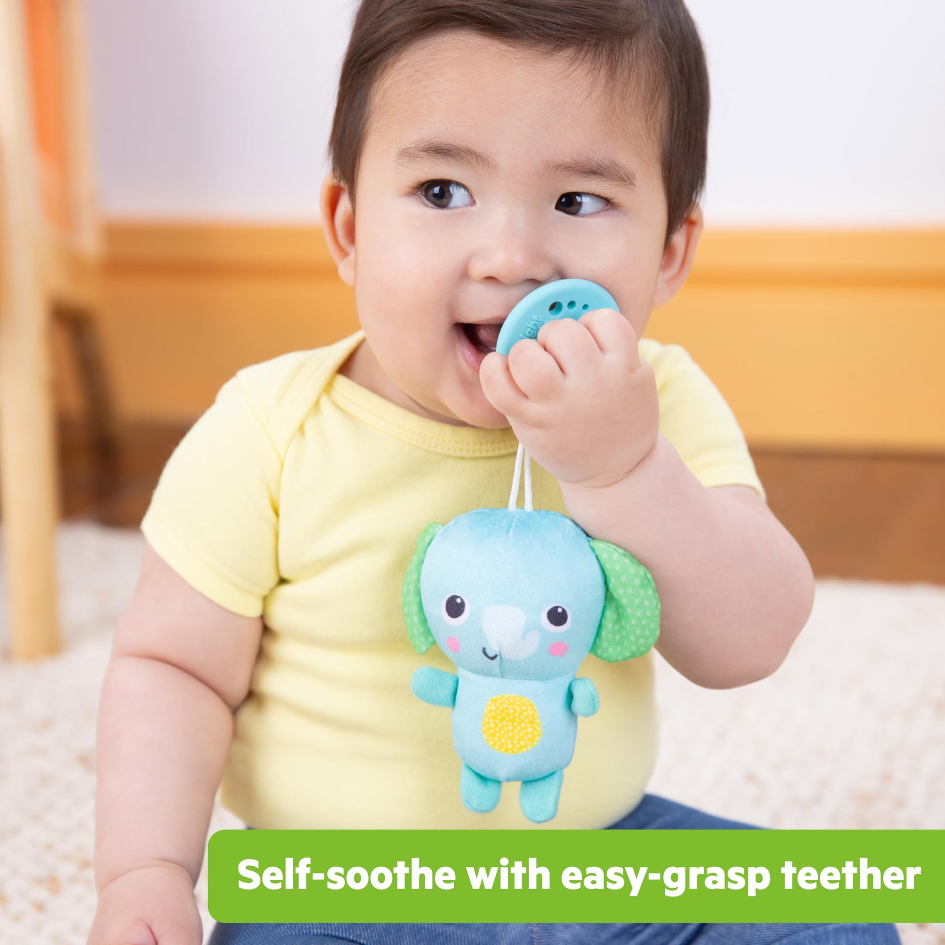 Bright Starts SootheMate Plush Elephant Teether Toy with Detachable Silicone Teether, Unisex, Newborns & Up