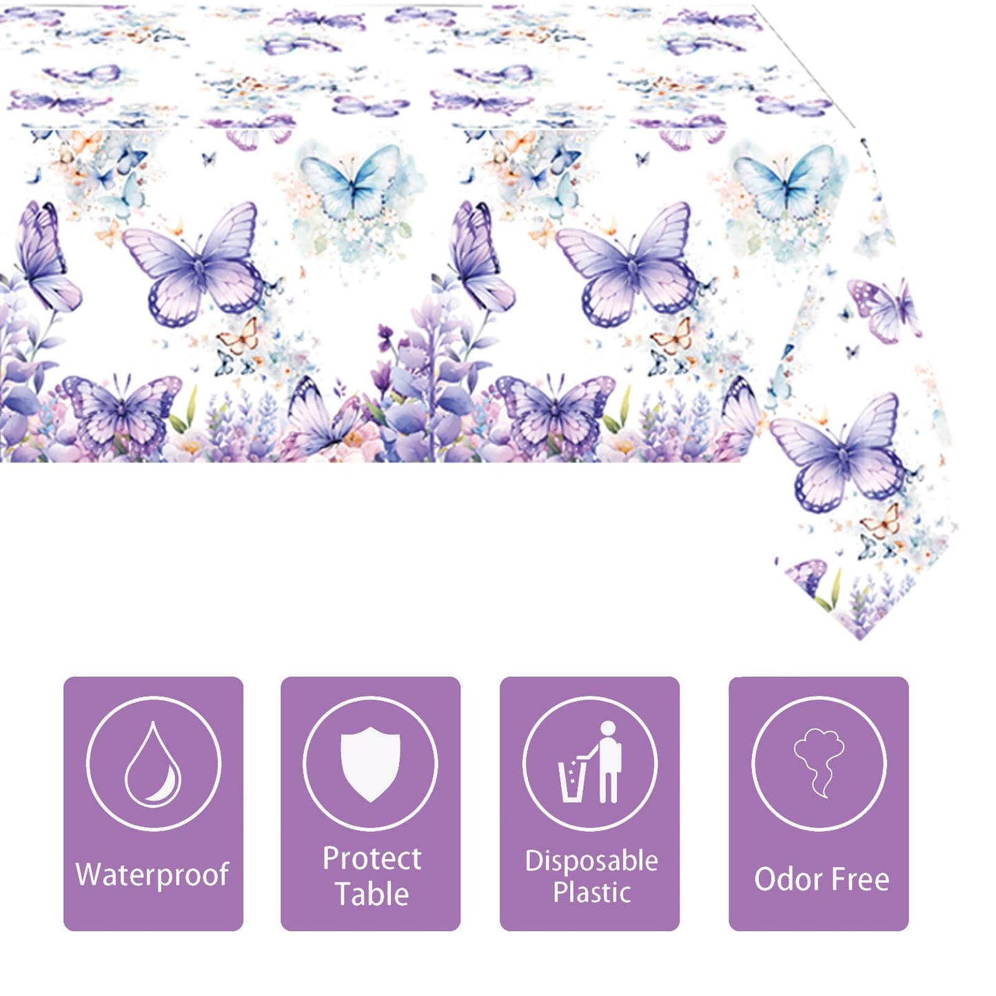 Letromp 2 Pcs Butterfly Birthday Tablecloth Watercolor Purple Butterfly Table Covers for Spring Butterfly Theme Girls Baby Shower 1st 2nd 3rd 4th Bday