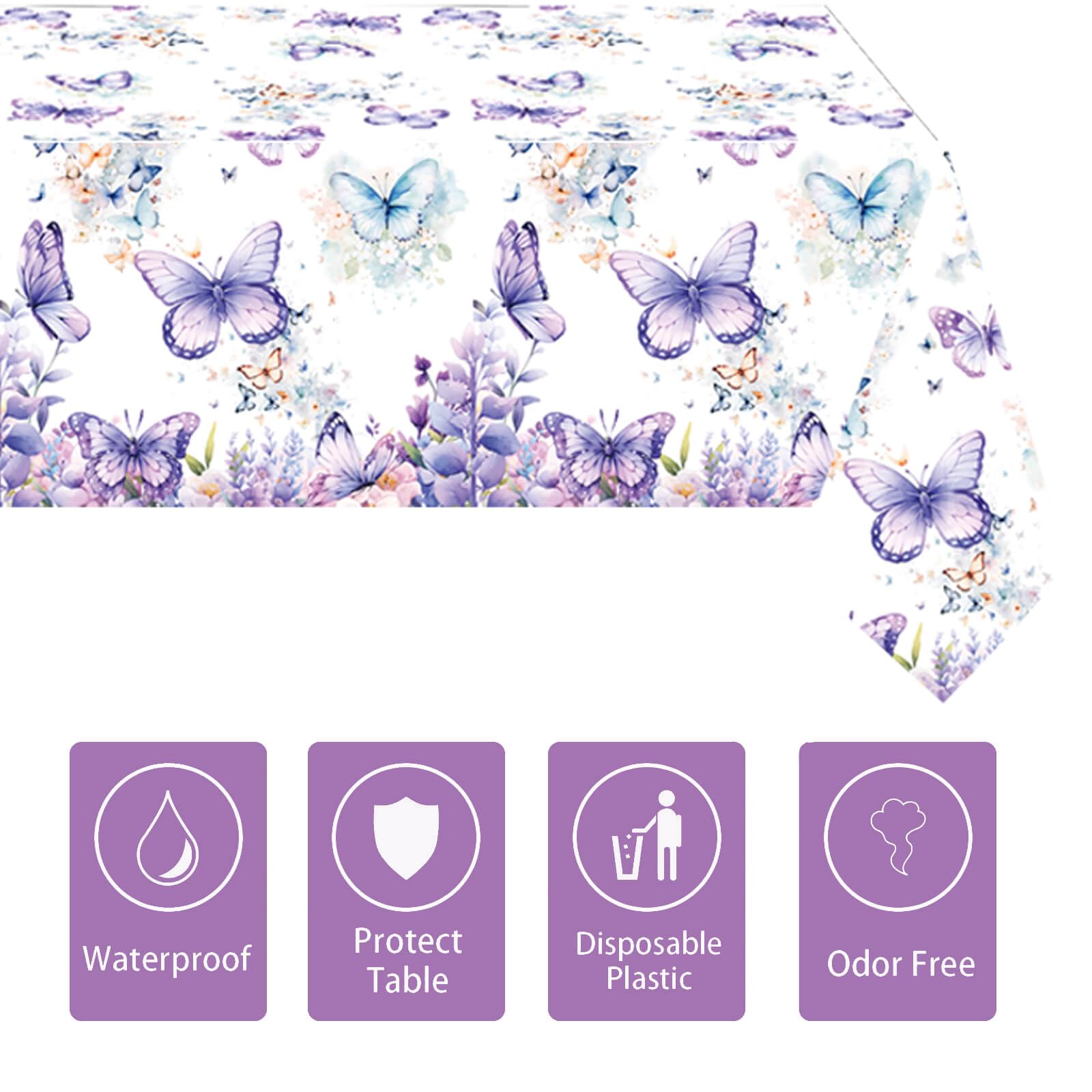 Letromp 2 Pcs Butterfly Birthday Tablecloth Watercolor Purple Butterfly Table Covers for Spring Butterfly Theme Girls Baby Shower 1st 2nd 3rd 4th Bday