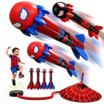 Spider Toys Rocket Launcher for Kids, 4 Spider Foam Rockets & Web Launcher, Adjustable Outdoor Air Rocket Toys, Up to 100 FT, Backyard Birthday Gifts
