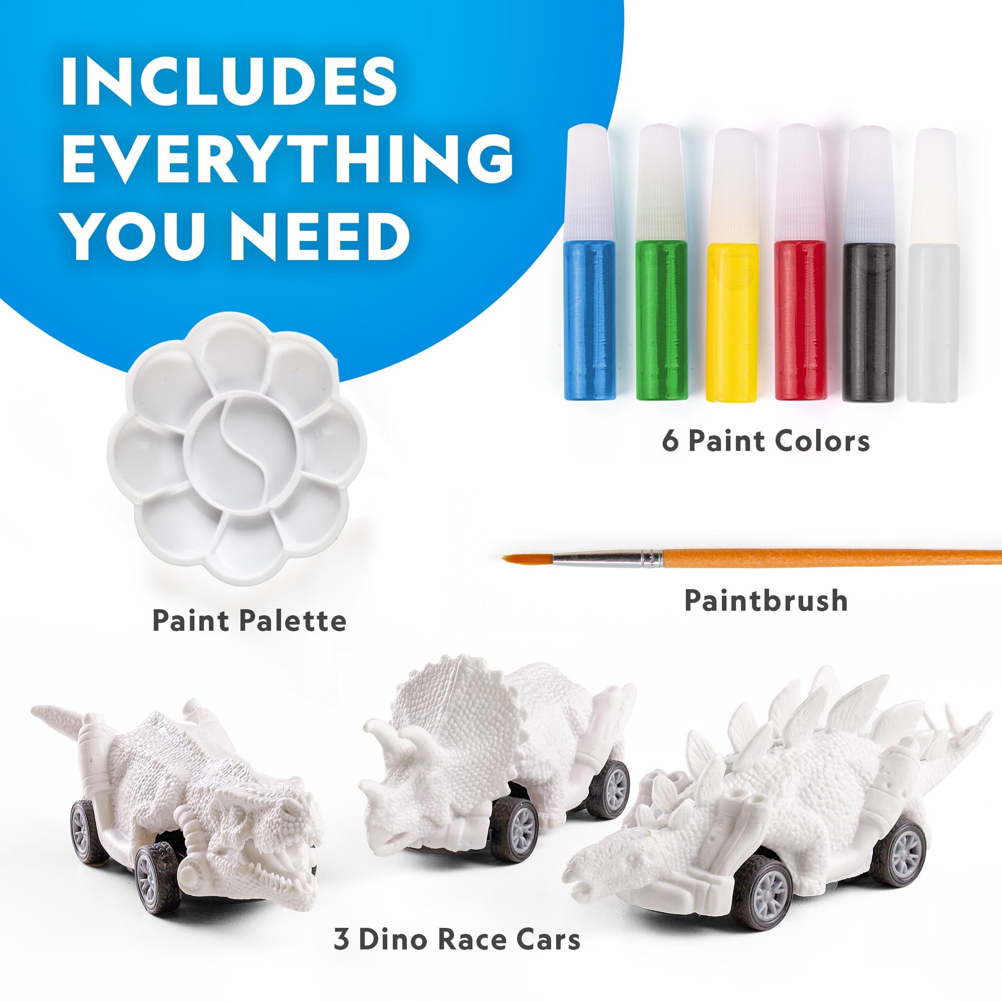 National Geographic Pull Back Dinosaur Race Cars Craft Kit - Paint 3 Dino Racecars with 6 Paint Colors, Dinosaur Toys for Kids, Kids Painting Kit