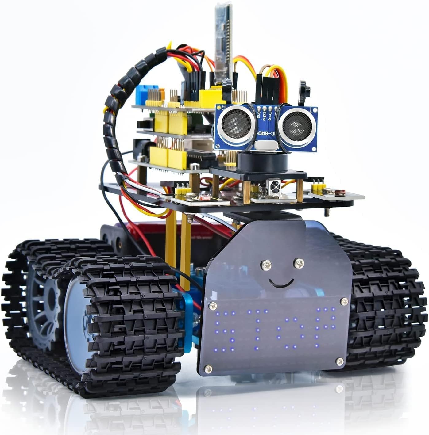 KEYESTUDIO Mini Tank Kit V2 Smart Car for Arduino, IR Infrared and App Remote Control (iOS and Android), Light and Ultrasonic Follow, 8X16 LED Panel