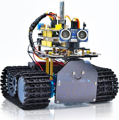 KEYESTUDIO Mini Tank Kit V2 Smart Car for Arduino, IR Infrared and App Remote Control (iOS and Android), Light and Ultrasonic Follow, 8X16 LED Panel