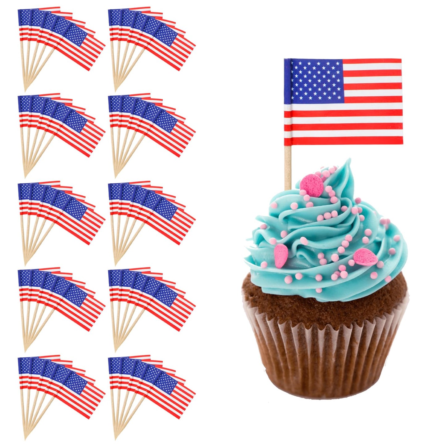 4th of July American Toothpick Flag,50PCS Cupcake Toppers,Independence Day Patriotic Cake Decorations