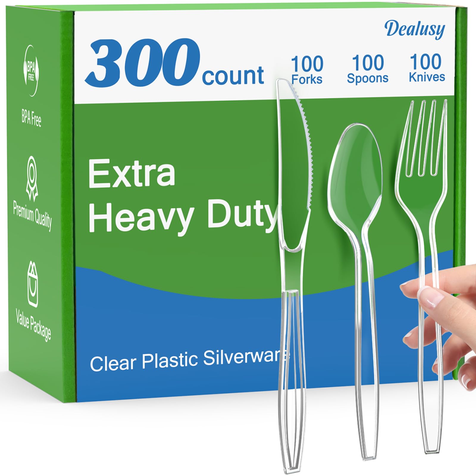Dealusy 300 Count Extra Heavy Duty Clear Plastic Silverware, 100 Forks, 100 Spoons, 100 Knives, BPA-Free, Heat Resistant, Disposable Plastic Utensils