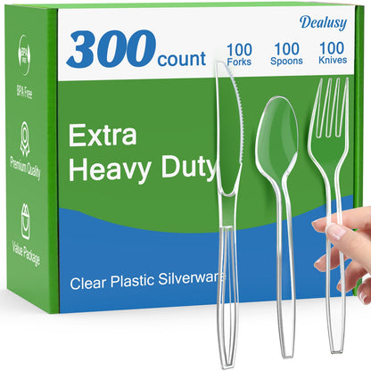 Dealusy 300 Count Extra Heavy Duty Clear Plastic Silverware, 100 Forks, 100 Spoons, 100 Knives, BPA-Free, Heat Resistant, Disposable Plastic Utensils