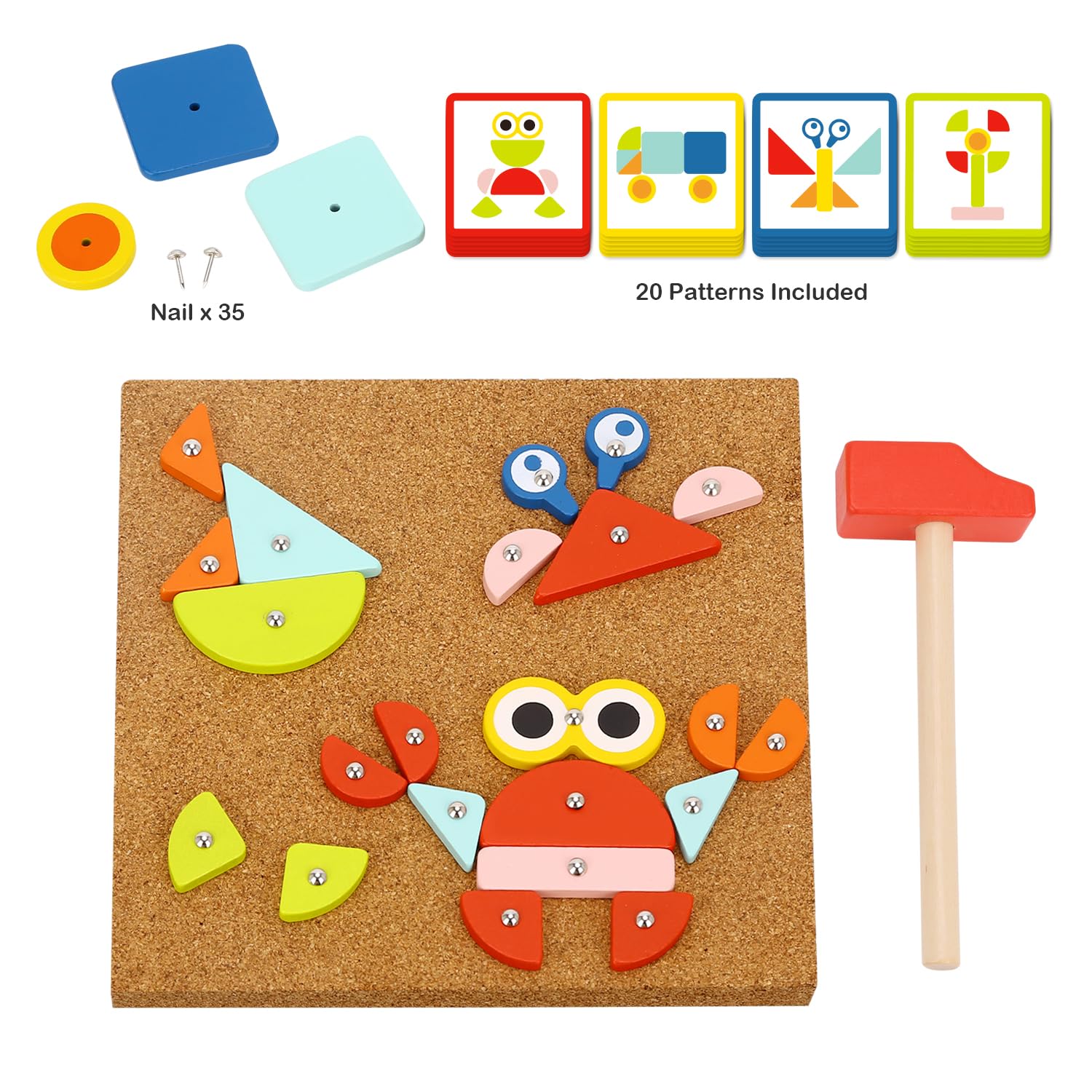 TOOKYLAND Wooden Tap Nailing Game - 82pcs Hammer and Nails Pounding Toy, Ages 4+