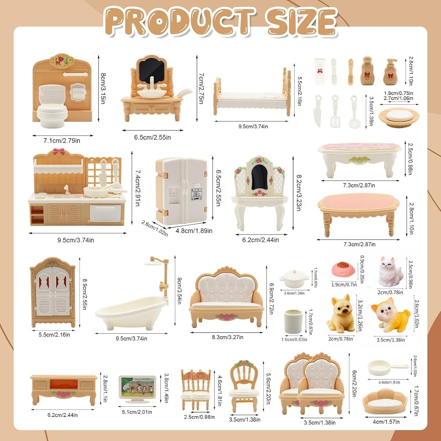 36Pcs Dollhouse Furniture Set,Miniature 1:12 Scale Dolls House Accessories with Cat,Dog,Kitchen, Dining Room, Living Room,Bedroom for Playhouse