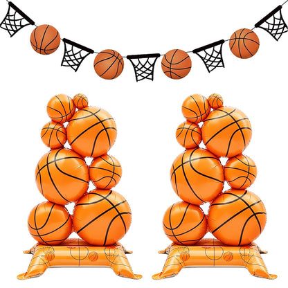 2 Pack Self Standing Basketball Foil Balloons 3.5 ft with Field Base for Birthday Themed Party Decoration Sports Supplies Decor (Basketball Pile) (2