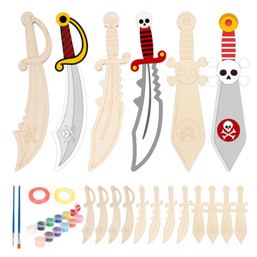 Fennoral 12 Pack Pirates Craft for Kids Make You Own Pirates Wooden Swords Arts and Crafts for Girls Boys DIY Coloring Pirates Theme Craft