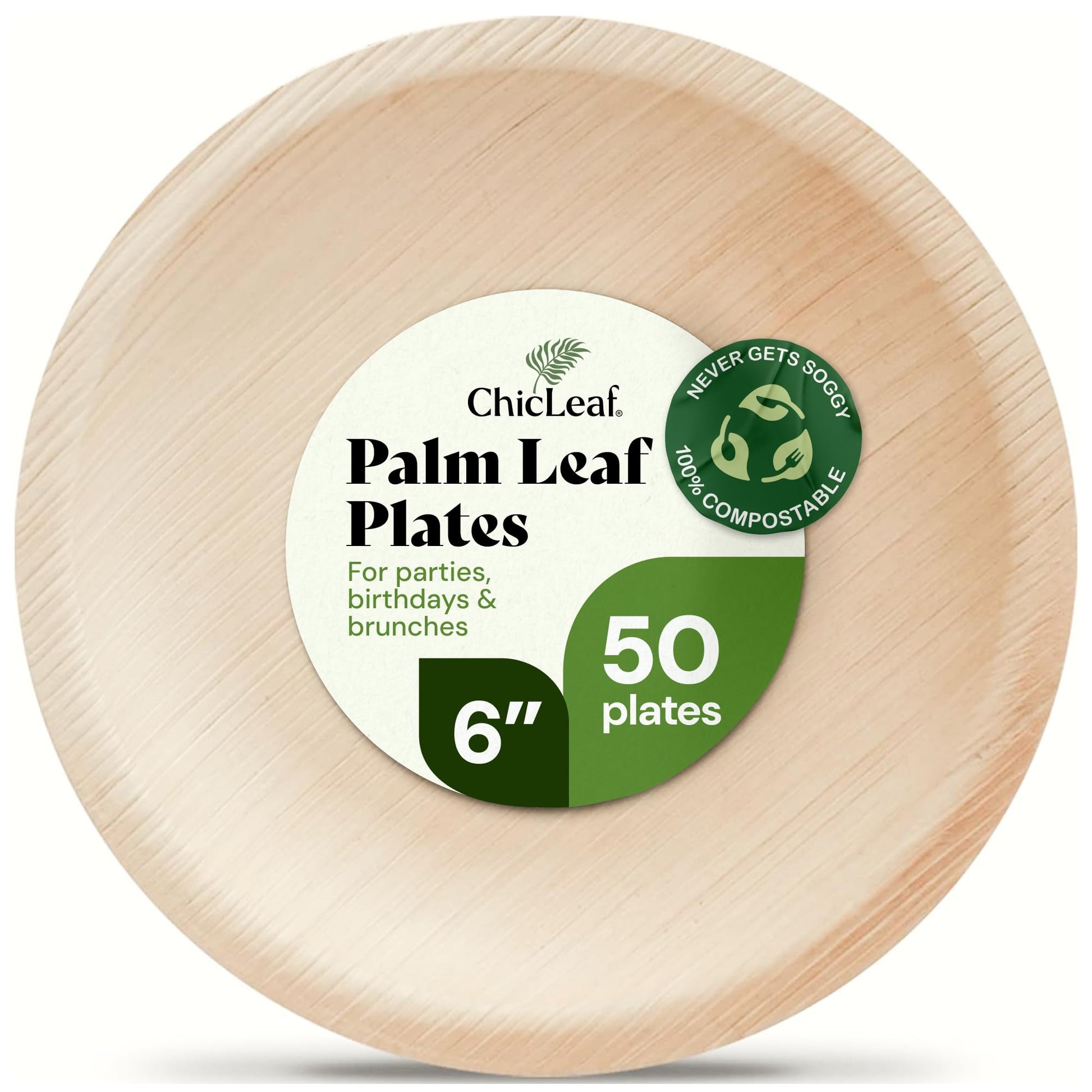 Chic Leaf Palm Leaf Plates - 6 in Round, 50 Pack, Compostable