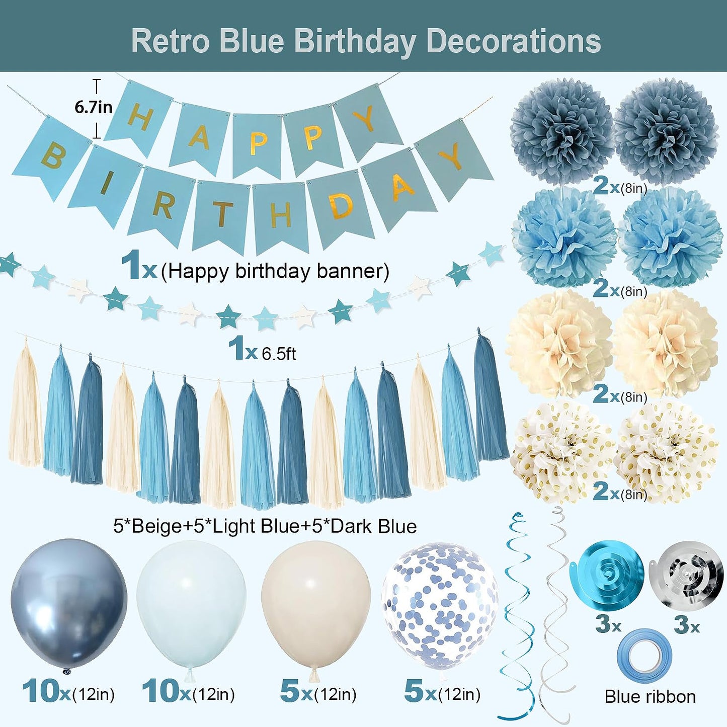 Dusty Blue Party Decorations with Sand Gold Balloons, Happy Birthday Banner, Paper Pompoms, Star Banner for Boys Kids Party Decor (blue)