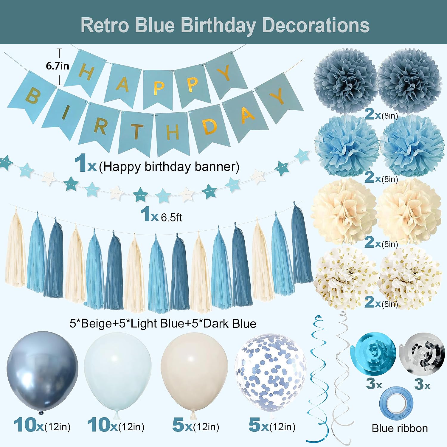 Dusty Blue Party Decorations with Sand Gold Balloons, Happy Birthday Banner, Paper Pompoms, Star Banner for Boys Kids Party Decor (blue)