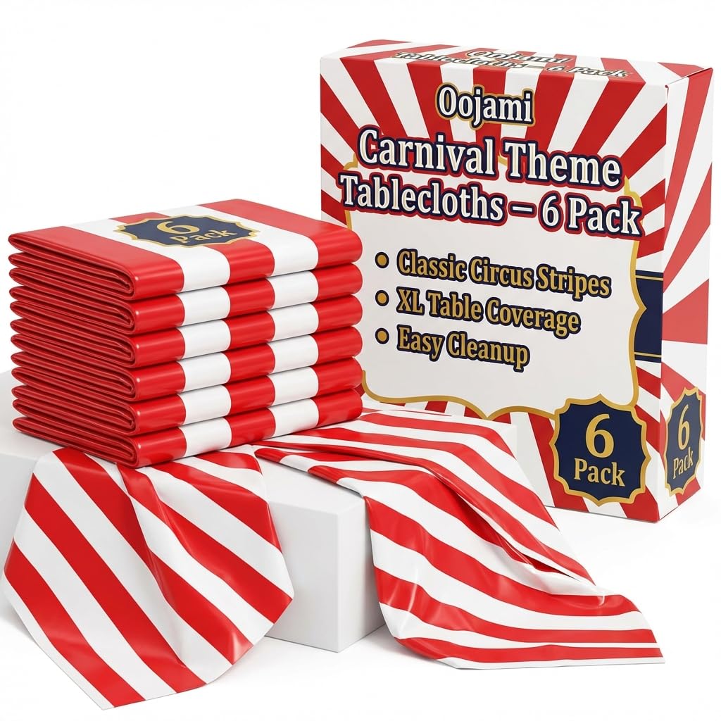 Oojami Carnival Theme Tablecloths 6 Pack - Red and White Striped Plastic Disposable Table Covers 54 x 108 Inch for Circus Party Decorations, Birthday