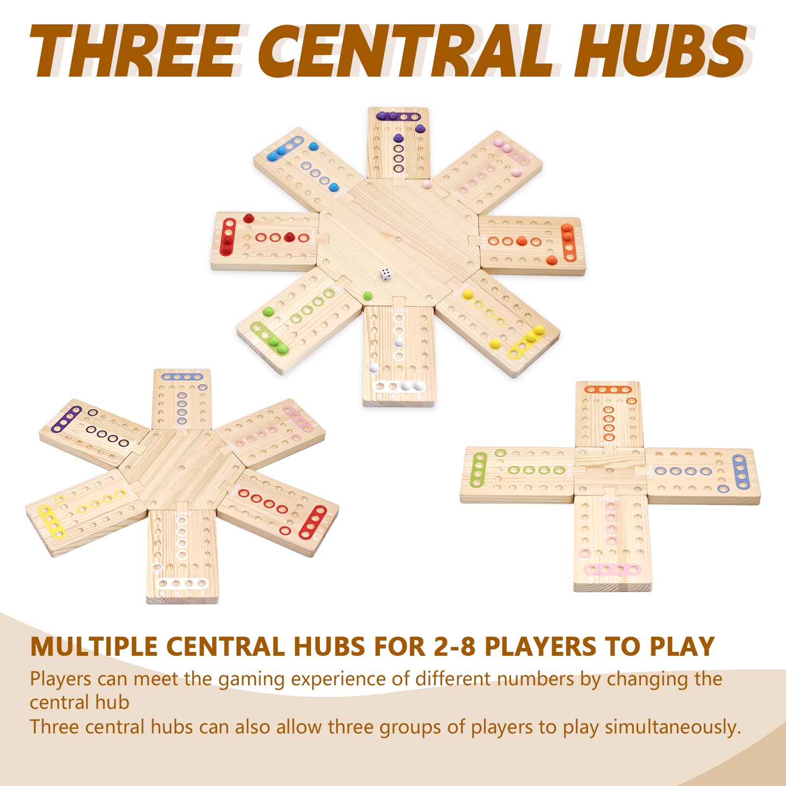 Wooden Board Game, Family Party Game for 2 to 8 Players, Includes 3 Hubs, 32 Marbles and 16 Dice