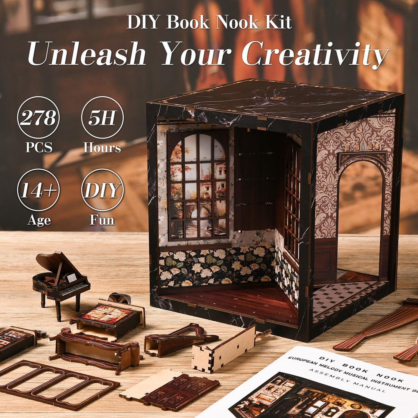 Book Nook for Adults - Four Sides Uniquely Styled Miniature House Kit