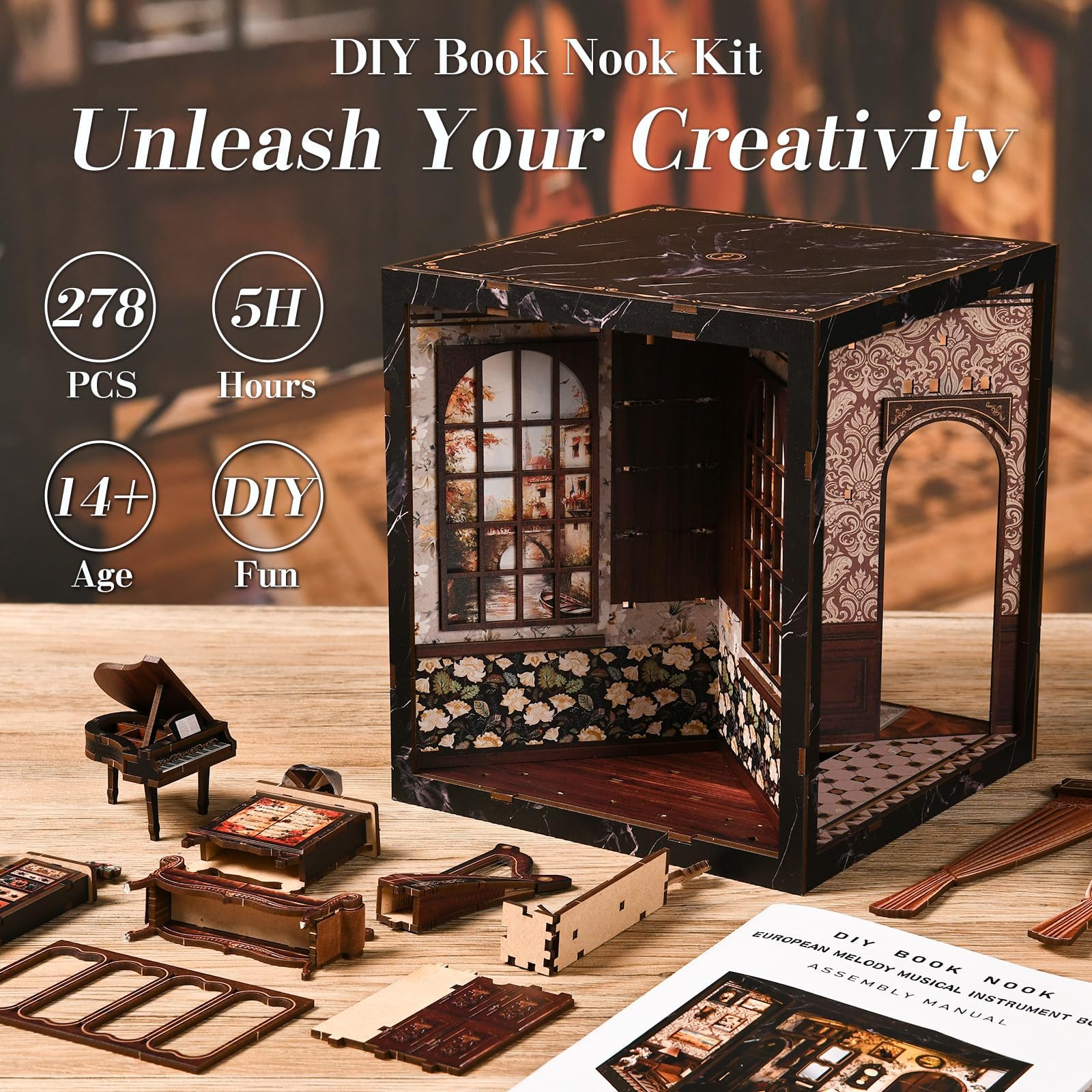 Book Nook for Adults - Four Sides Uniquely Styled Miniature House Kit