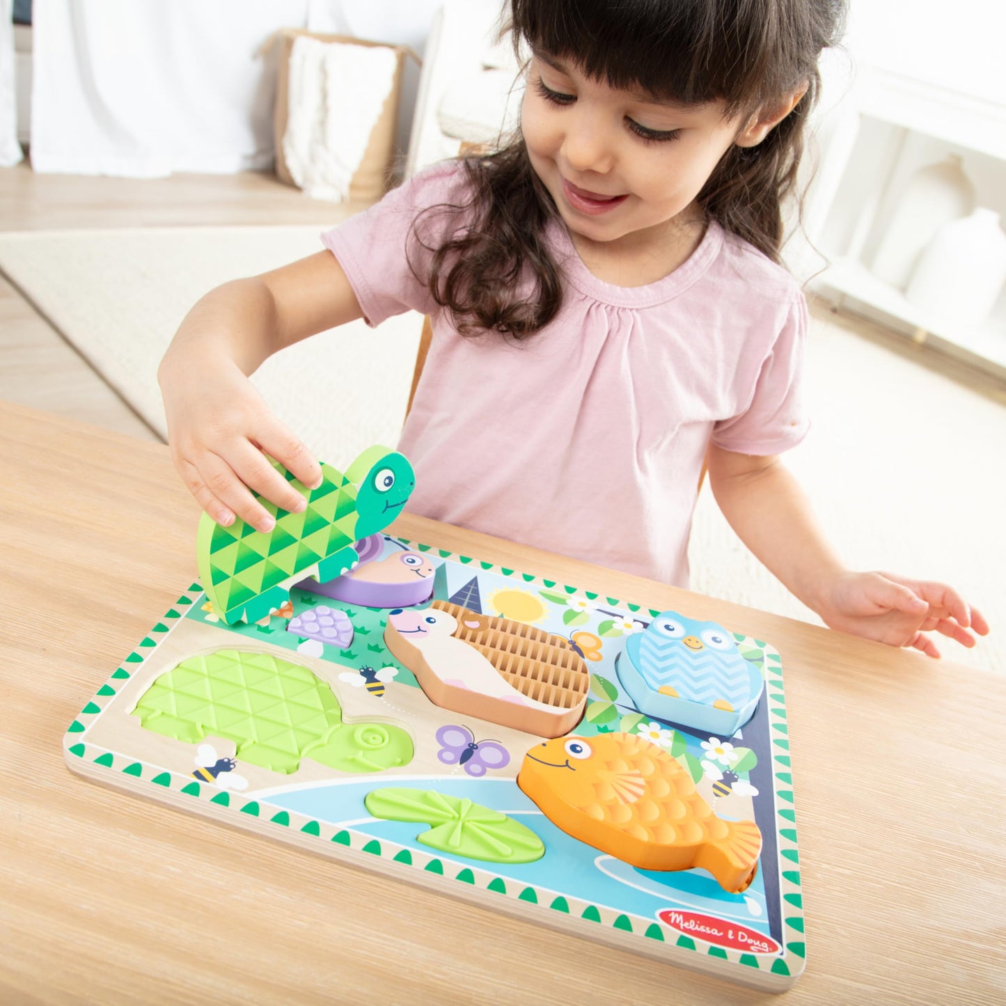 Melissa & Doug Forest Friends Touch & Feel Wooden Puzzle, 5-Piece Chunky Toddler Puzzles with Animals & Textured Silicone Puzzle Board Inlays,