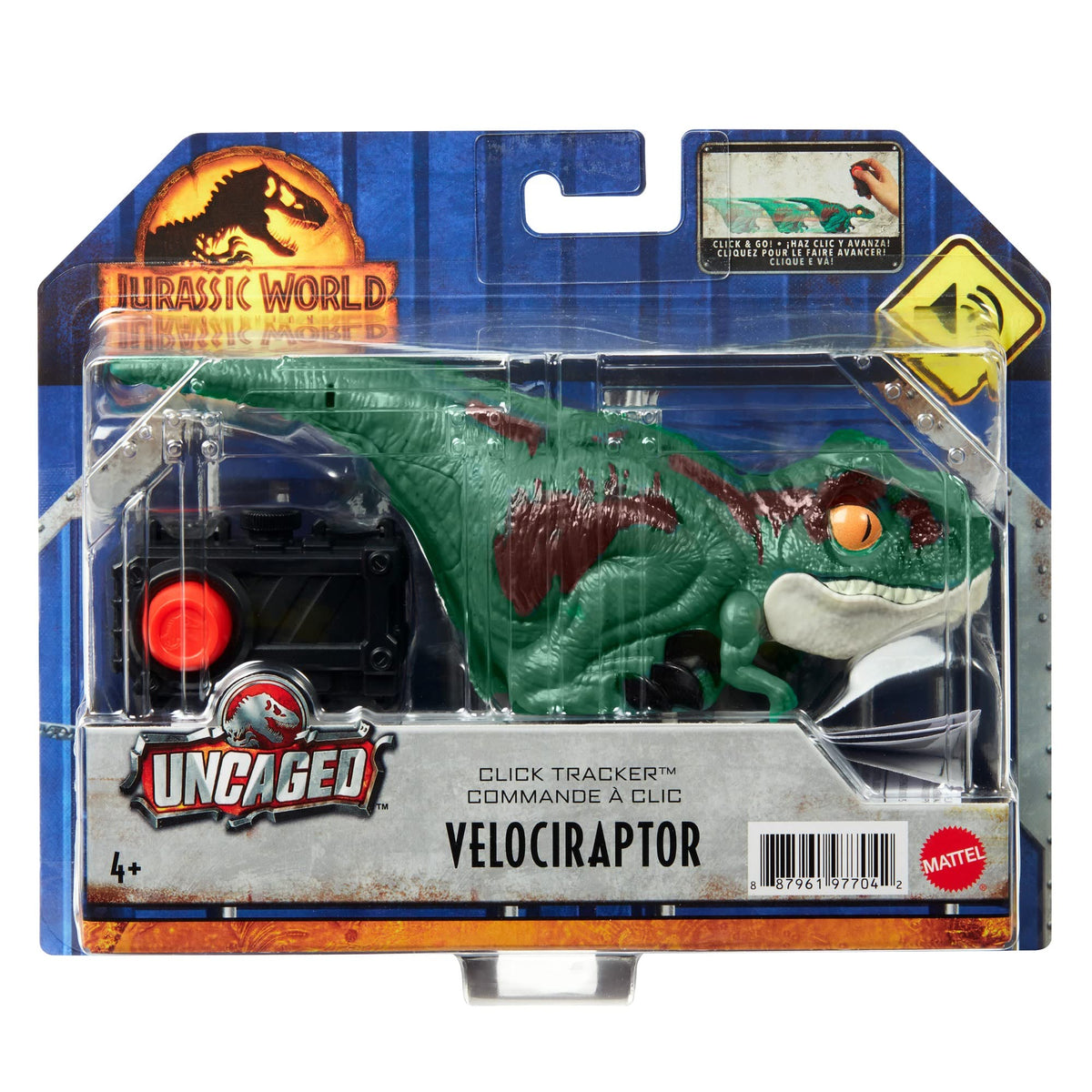 Mattel Jurassic World Dominion Uncaged Dinosaur Toy with Motion & Sound, Click Tracker Velociraptor Dino Action Figure with Clicker Control