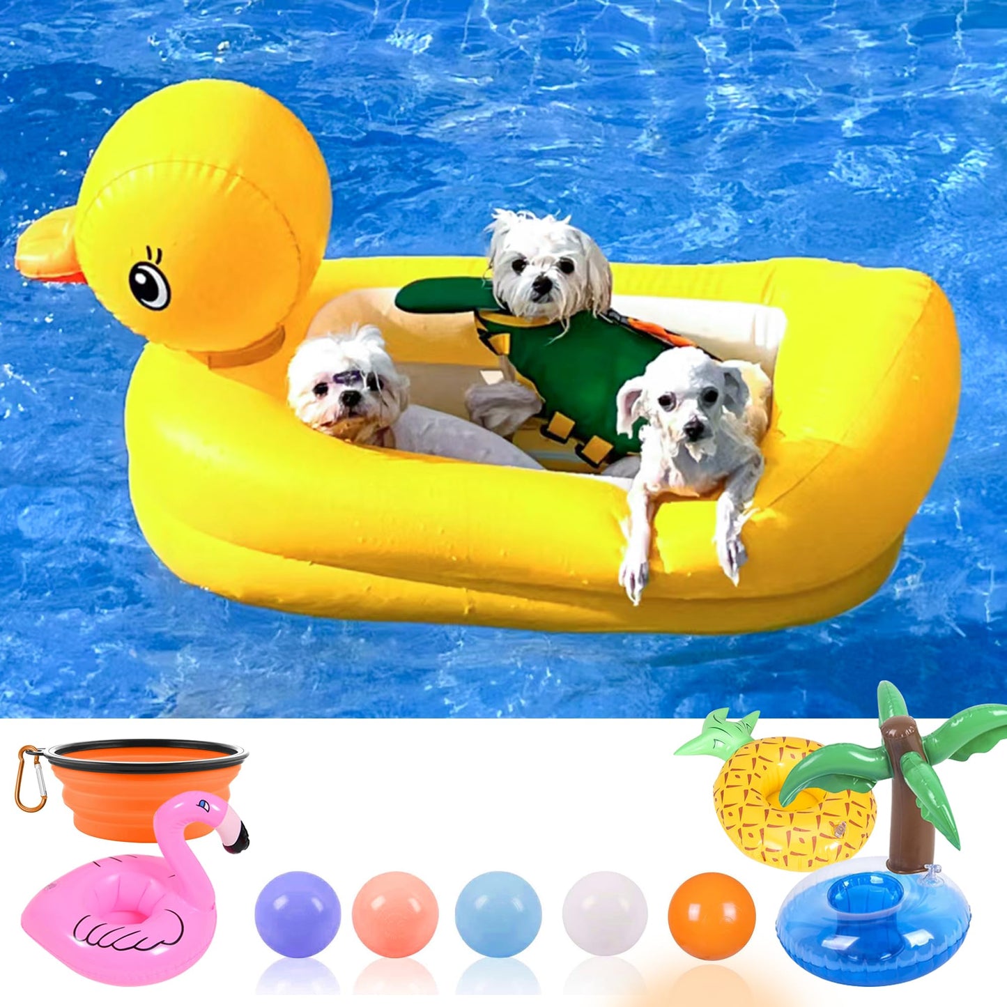 KUCDBUN Pool Float Set for Dogs - Raft With Collapsible Bowl, Non-Toxic Water Toys for Small Dogs, Puppies and Doggies, Yellow Duck