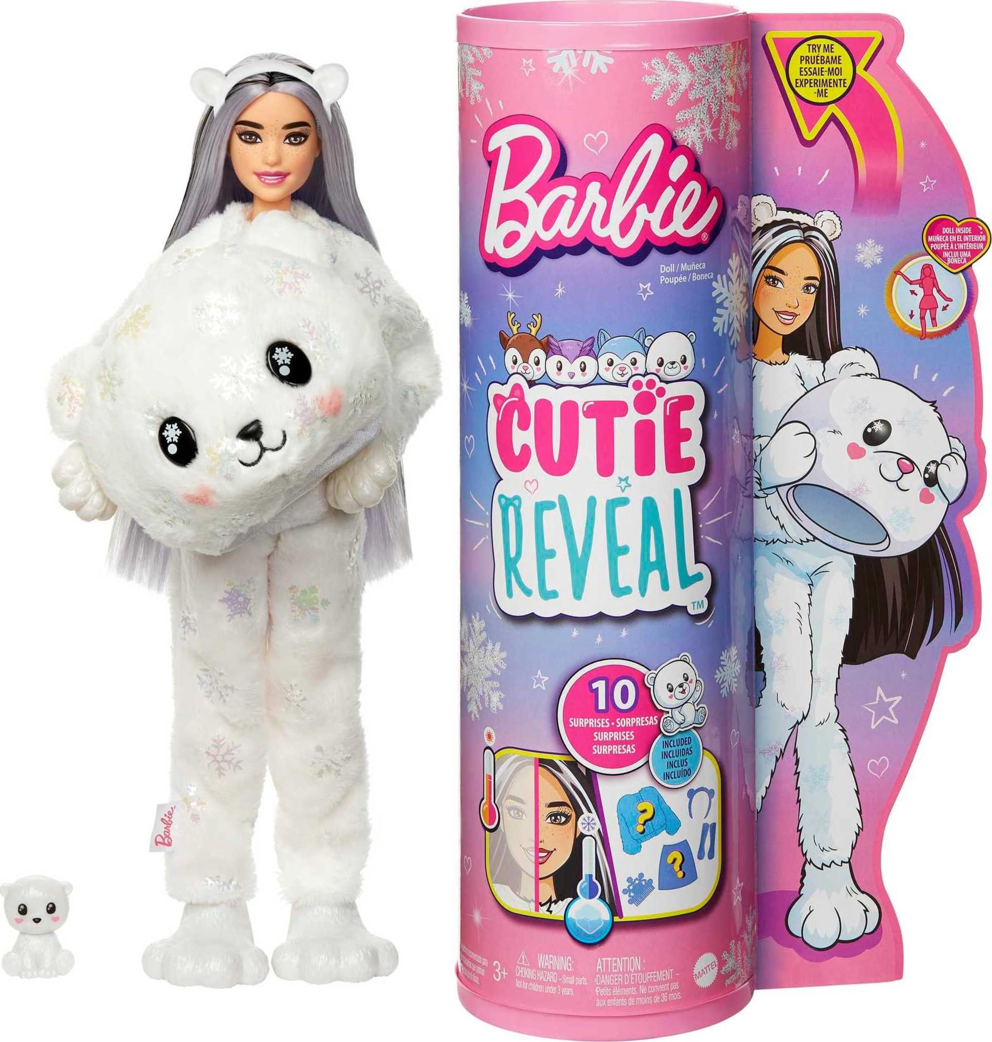 Barbie Cutie Reveal Doll, Snowflake Sparkle Polar Bear Costume, 10 Surprises Including Mini Pet & Color Change