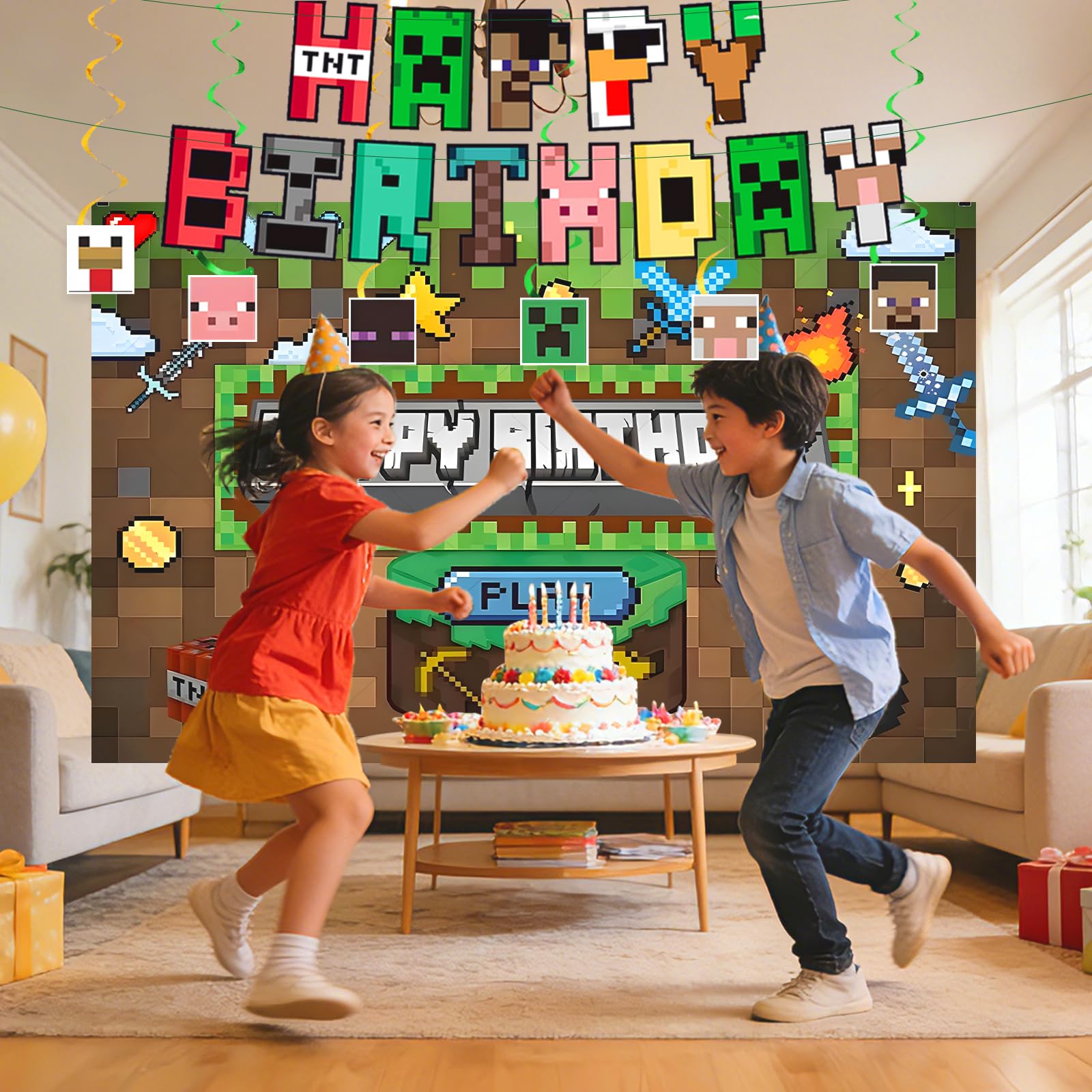 Pixel Game-Happy Birthday Banner- Includes Birthday Banner & Backdrop & Spiral Hanging supplies, Pixel party supplies Kit, Ideal for Game Theme