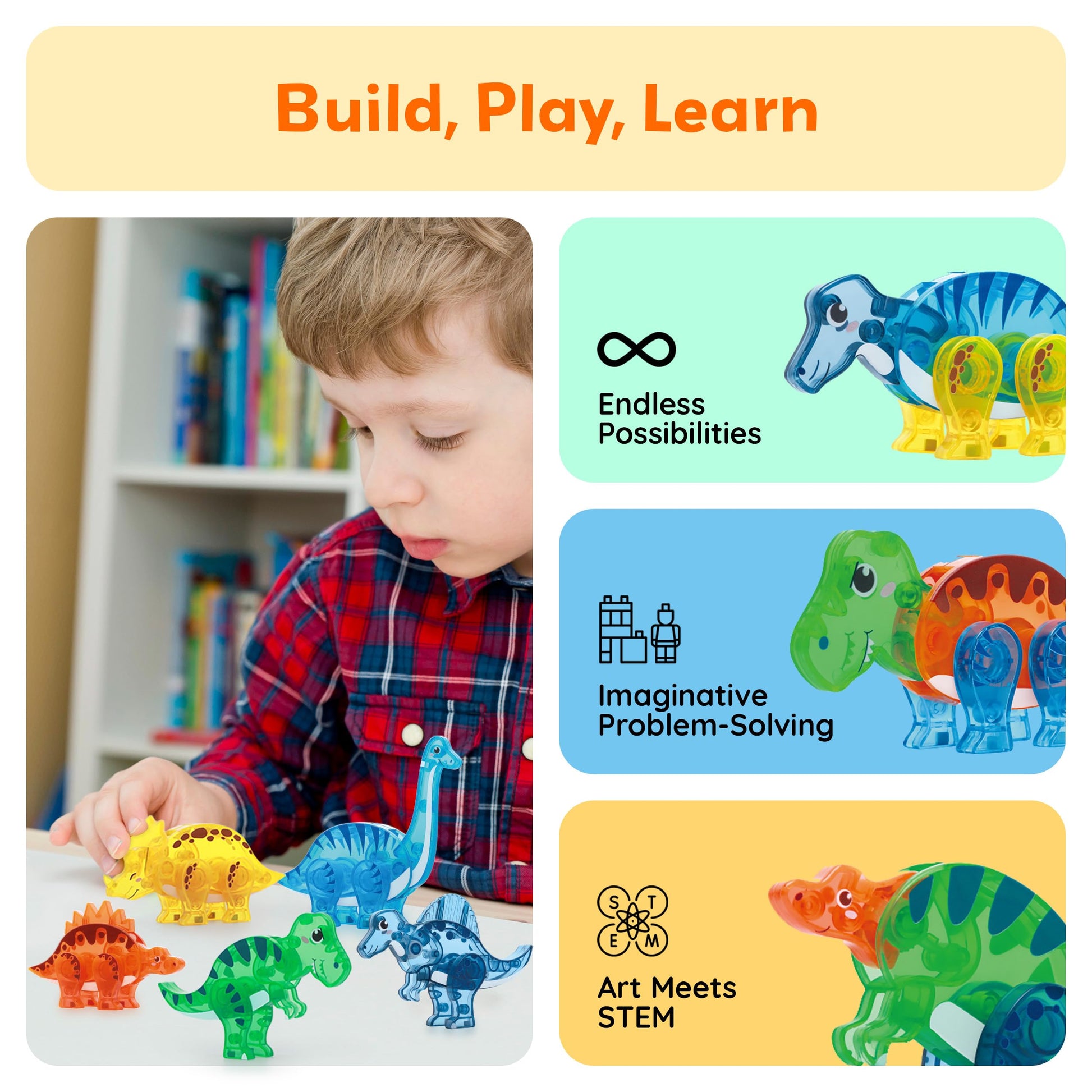 PicassoTiles Dinosaur Magnetic Tiles Accessory Set Mix and Match Dino Figure Parts for STEM Magnet Tile Construction Building Blocks Sets Creative